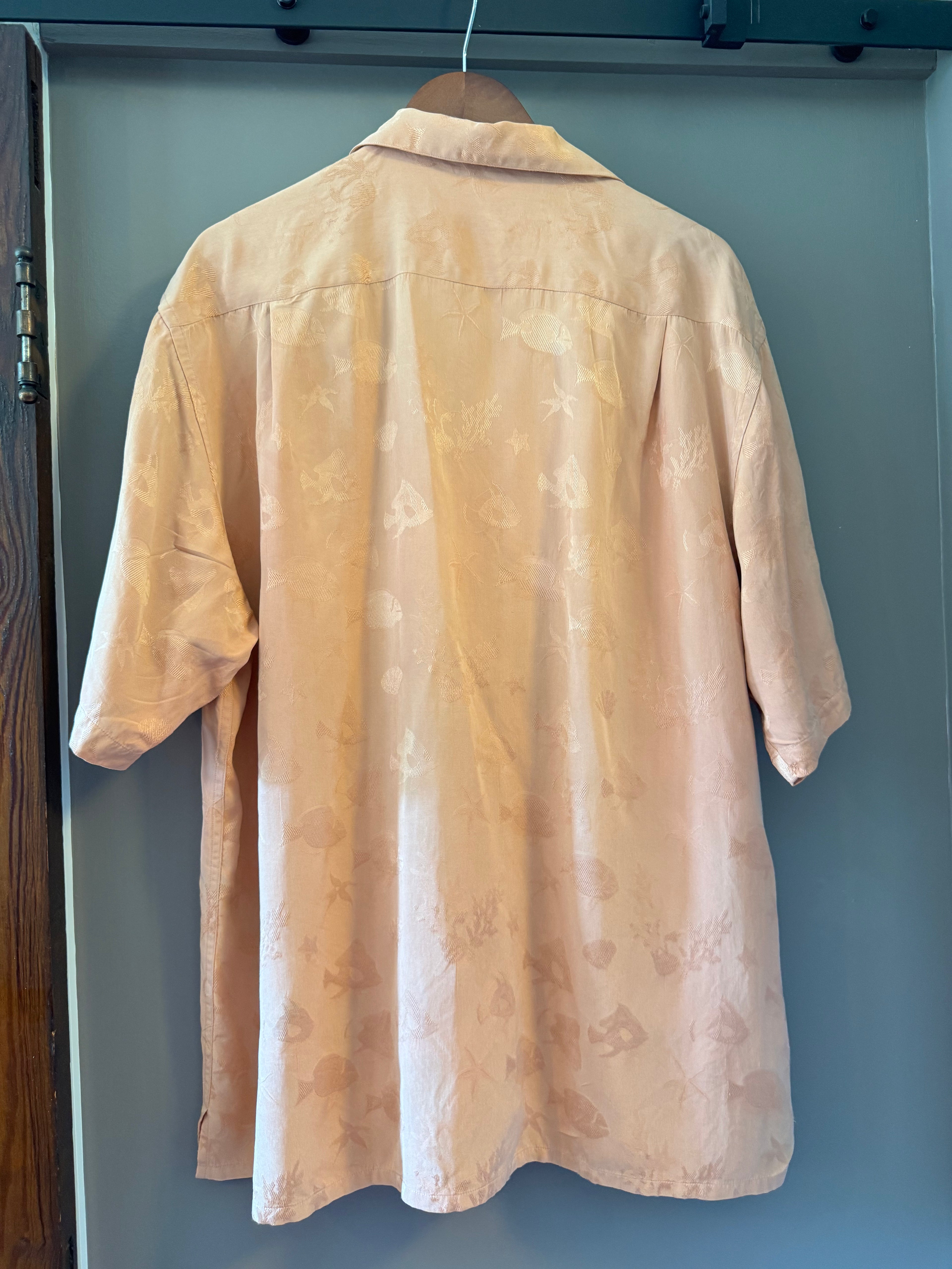 Riscatto Men's XL 100% Silk Peach Jacquard Tropical Fish Camp Shirt