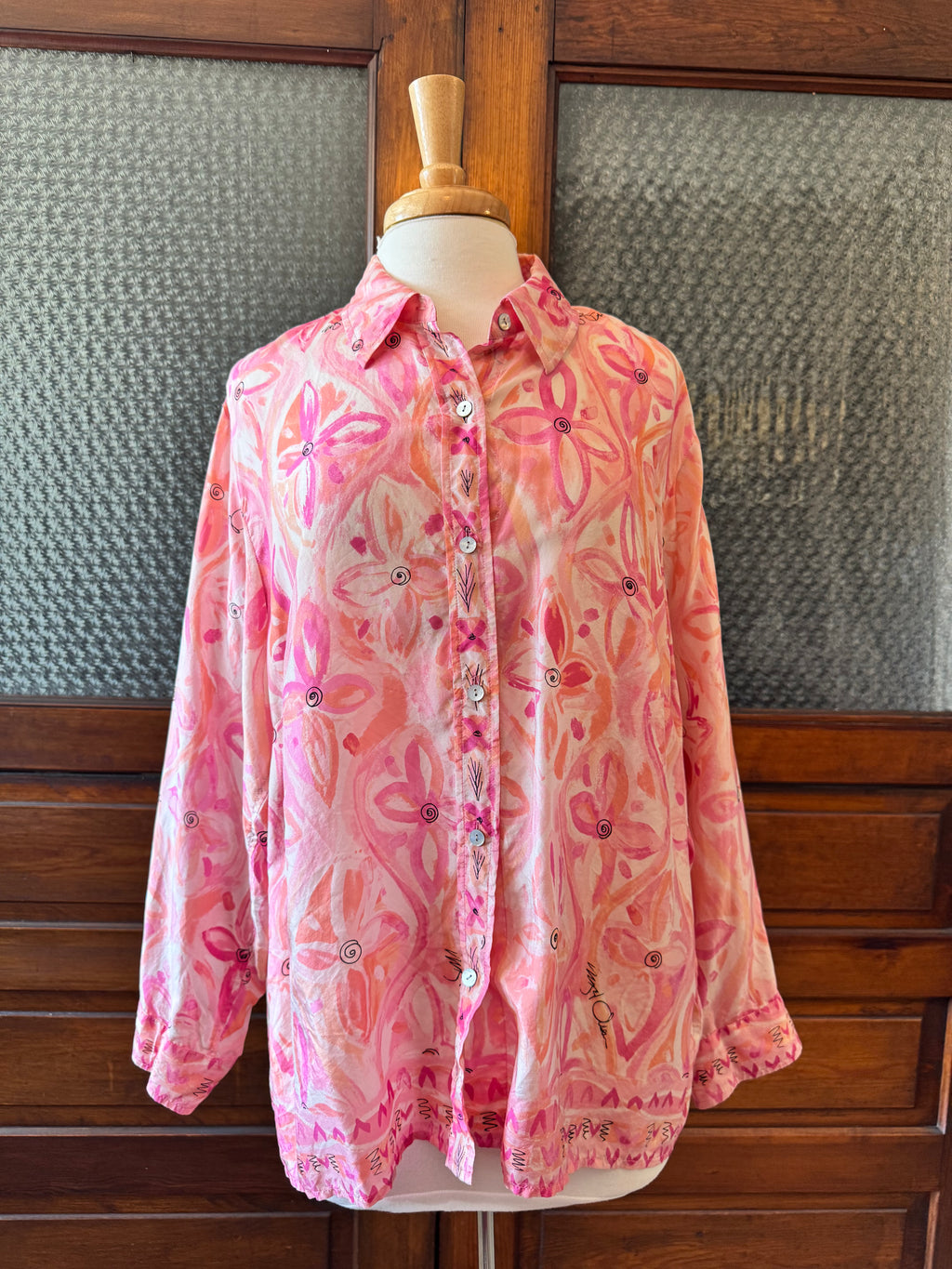 Sigrid Olsen Collection 100% Silk Pink Floral Button-Up Blouse Women's 1X