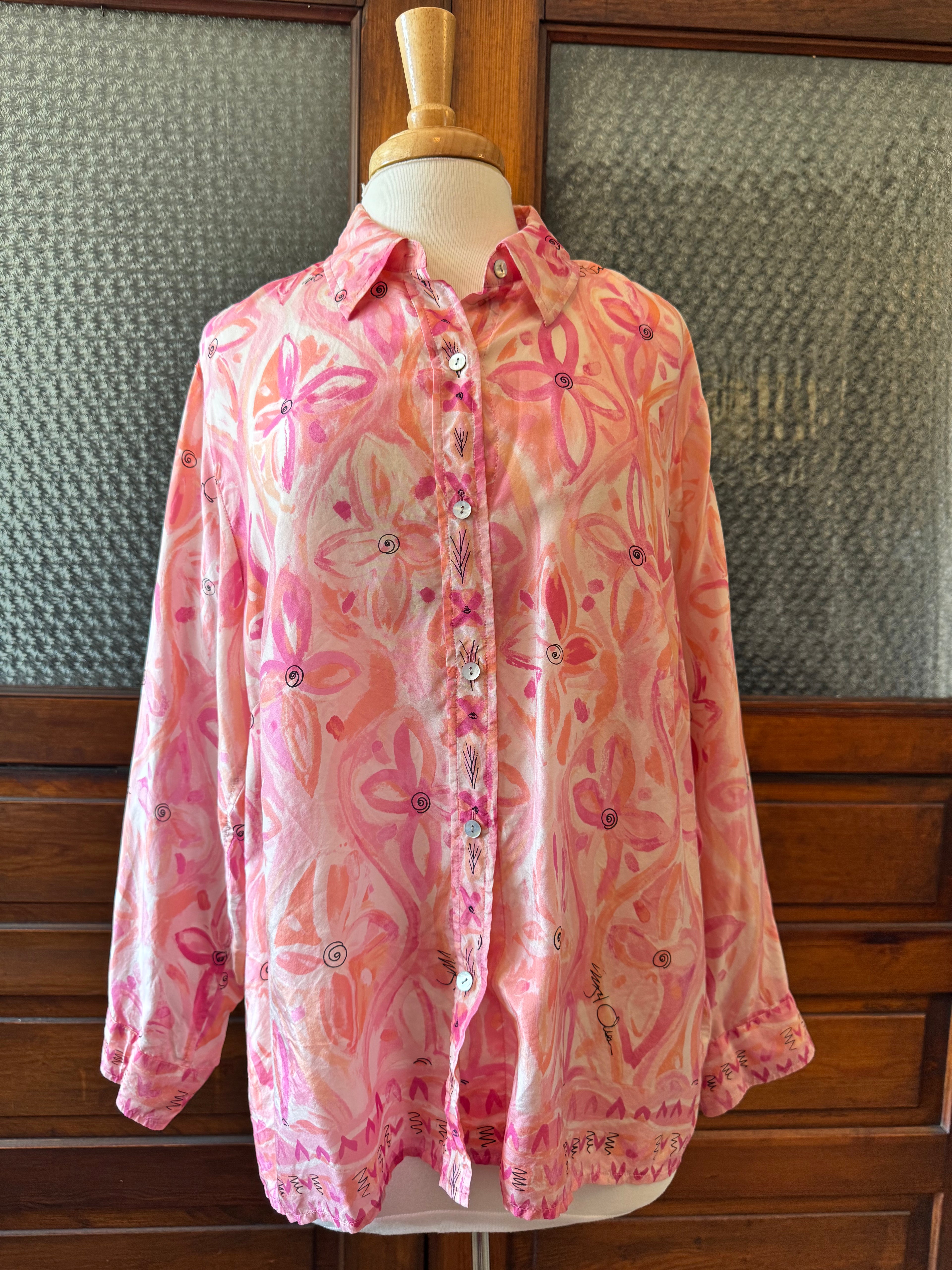 Sigrid Olsen Collection 100% Silk Pink Floral Button-Up Blouse Women's 1X