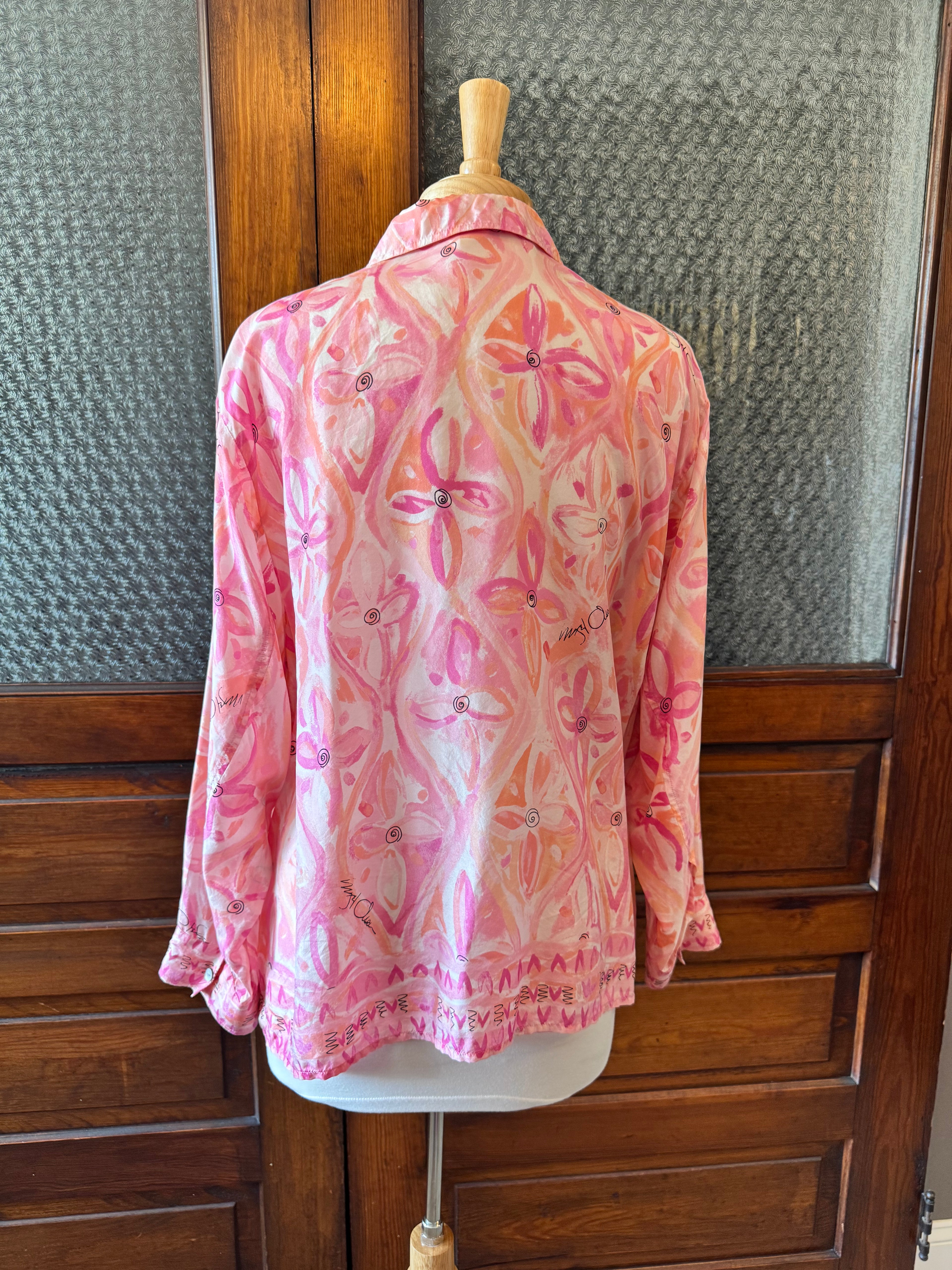 Sigrid Olsen Collection 100% Silk Pink Floral Button-Up Blouse Women's 1X