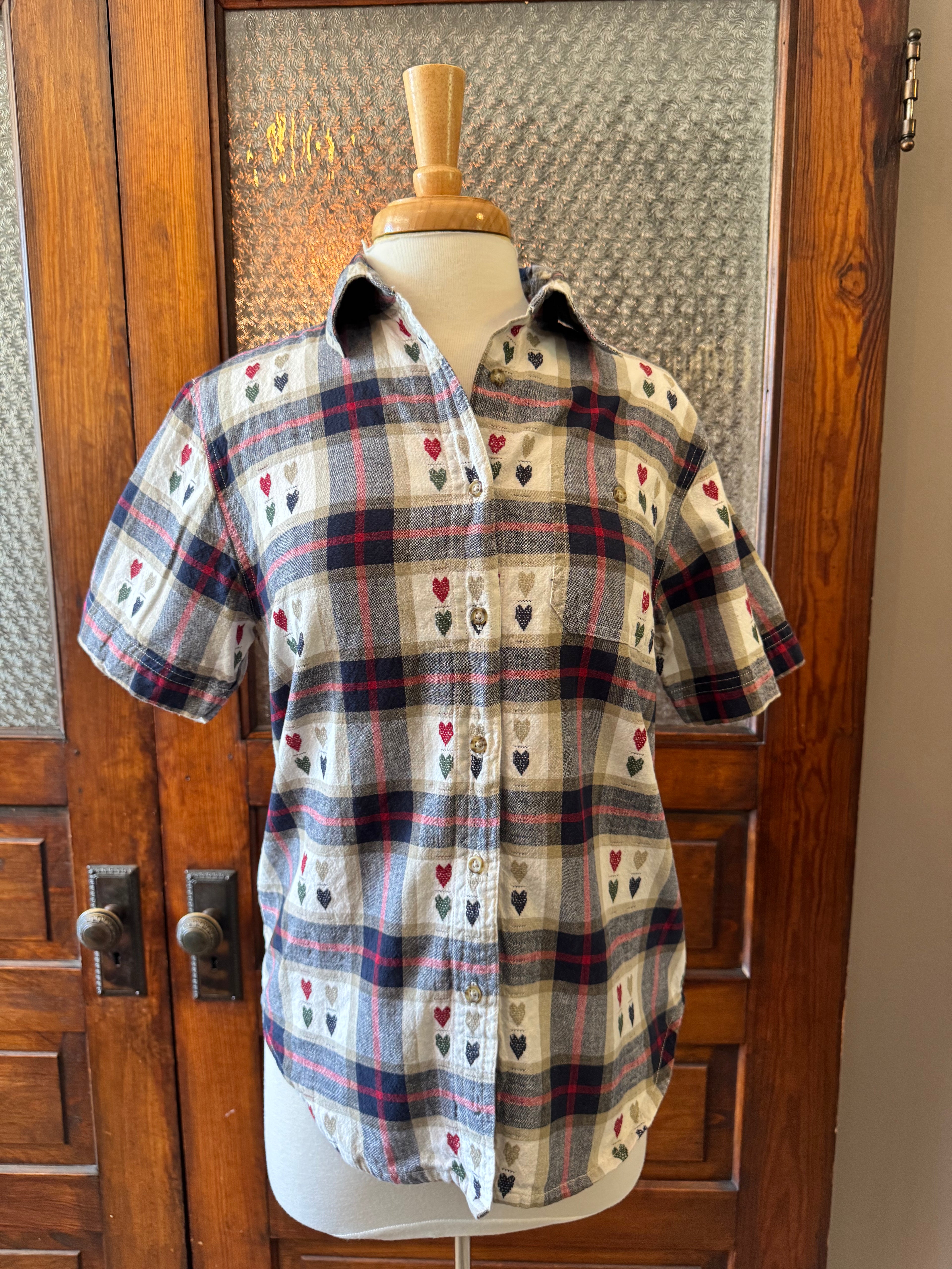 Vintage Bobbie Brooks Plaid Embroidered Heart Short Sleeve Shirt Women's Small