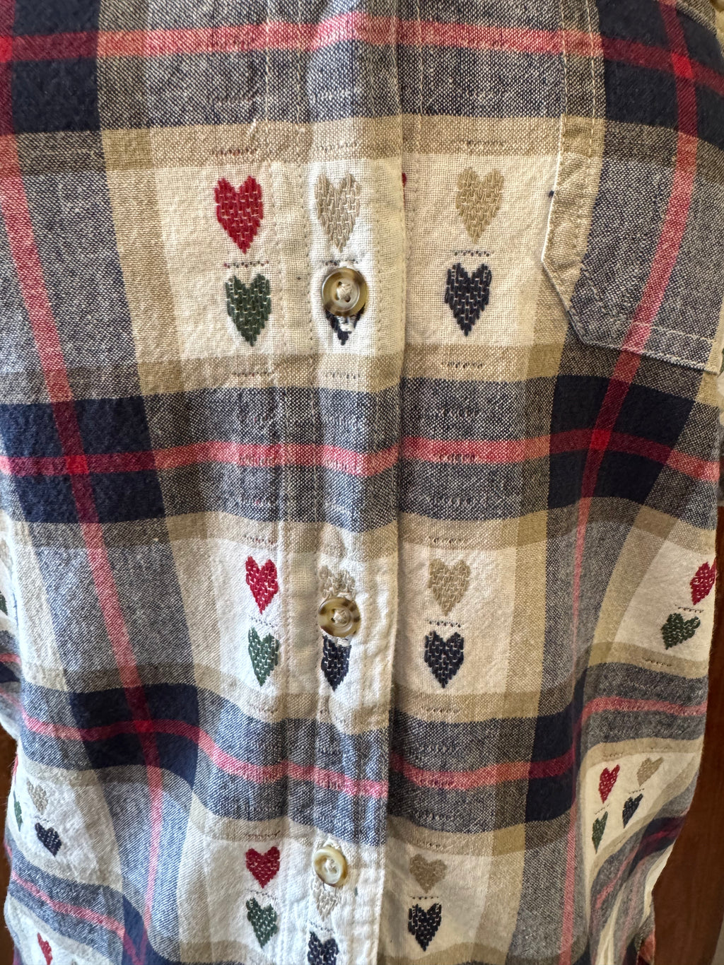 Vintage Bobbie Brooks Plaid Embroidered Heart Short Sleeve Shirt Women's Small