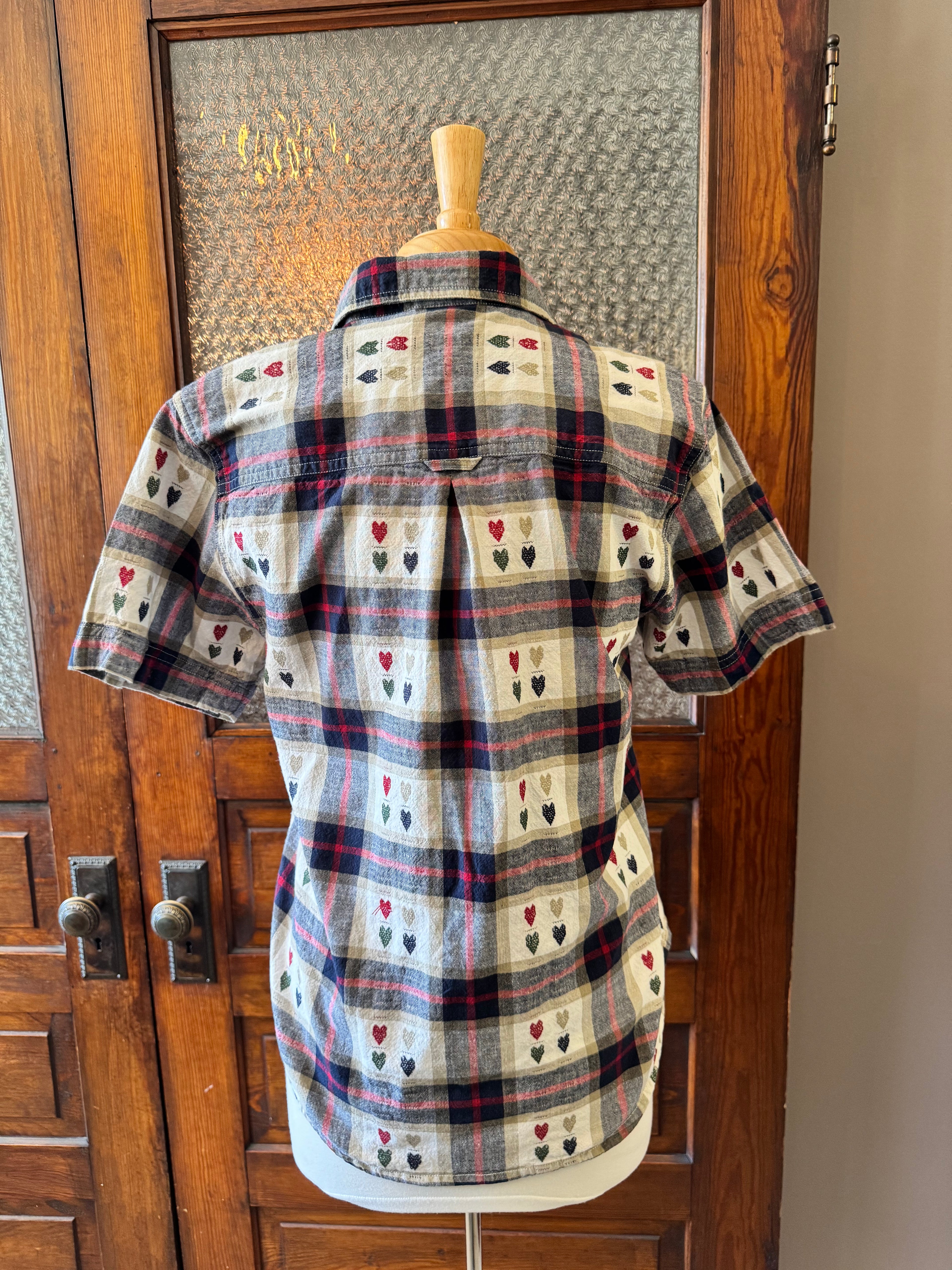 Vintage Bobbie Brooks Plaid Embroidered Heart Short Sleeve Shirt Women's Small