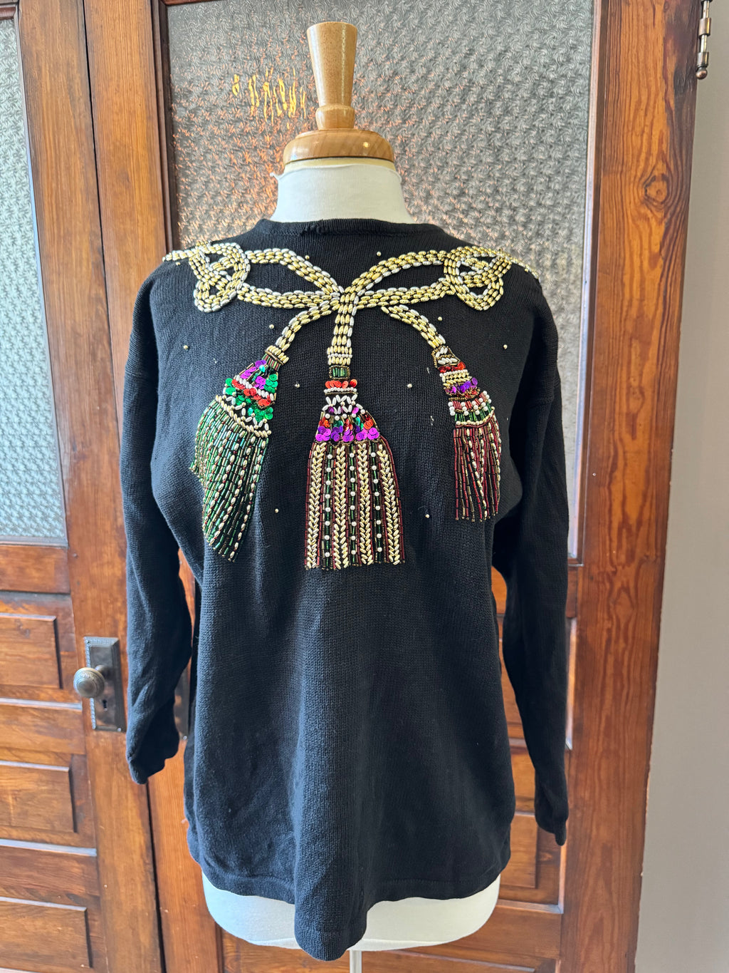 Vintage P.A. International Black Beaded Tassel Sweater Size Large-80s/90s