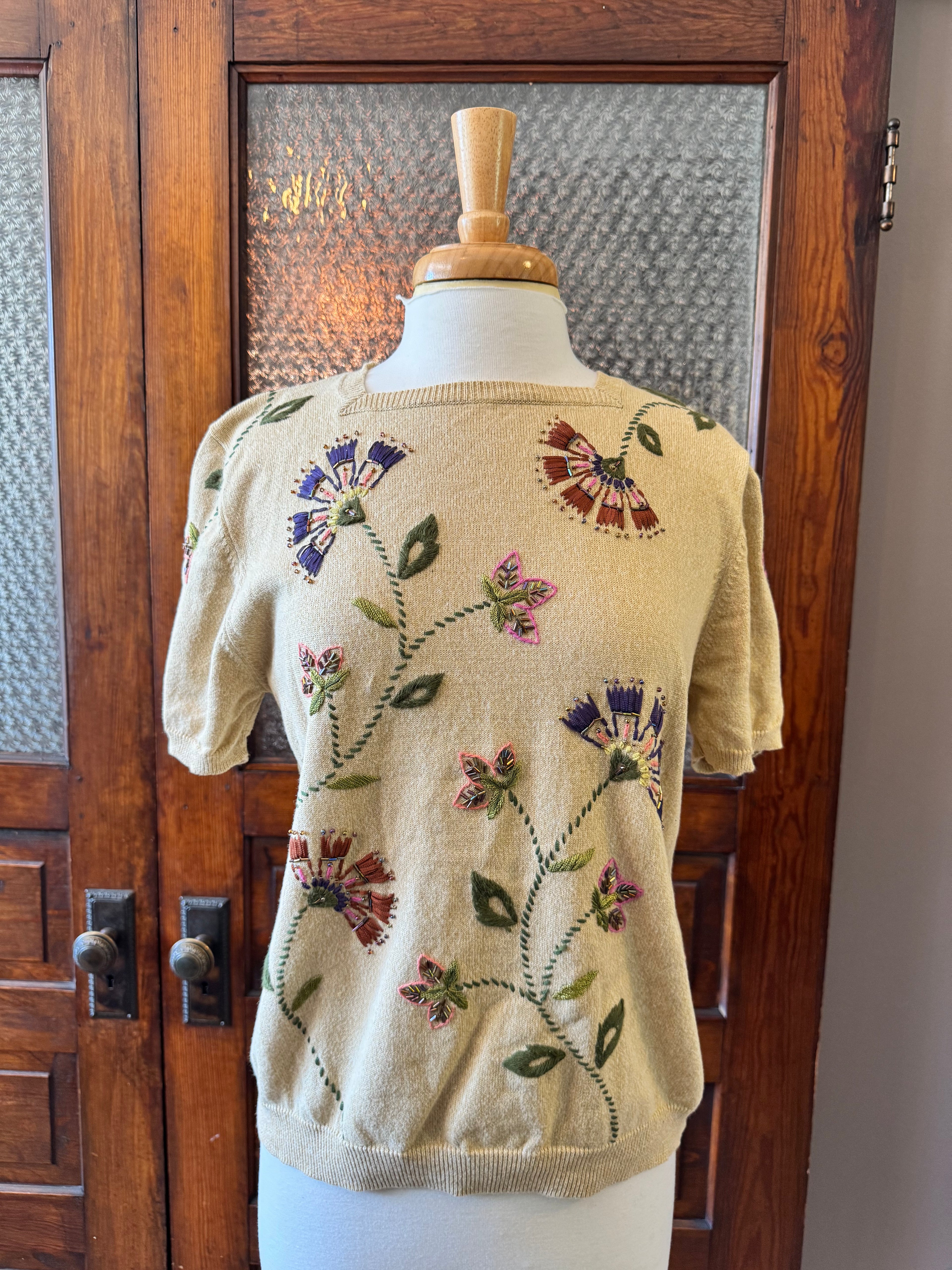 Vintage Alfred Dunner Embroidered Floral Beaded Sweater Top Size M Ramie Cotton