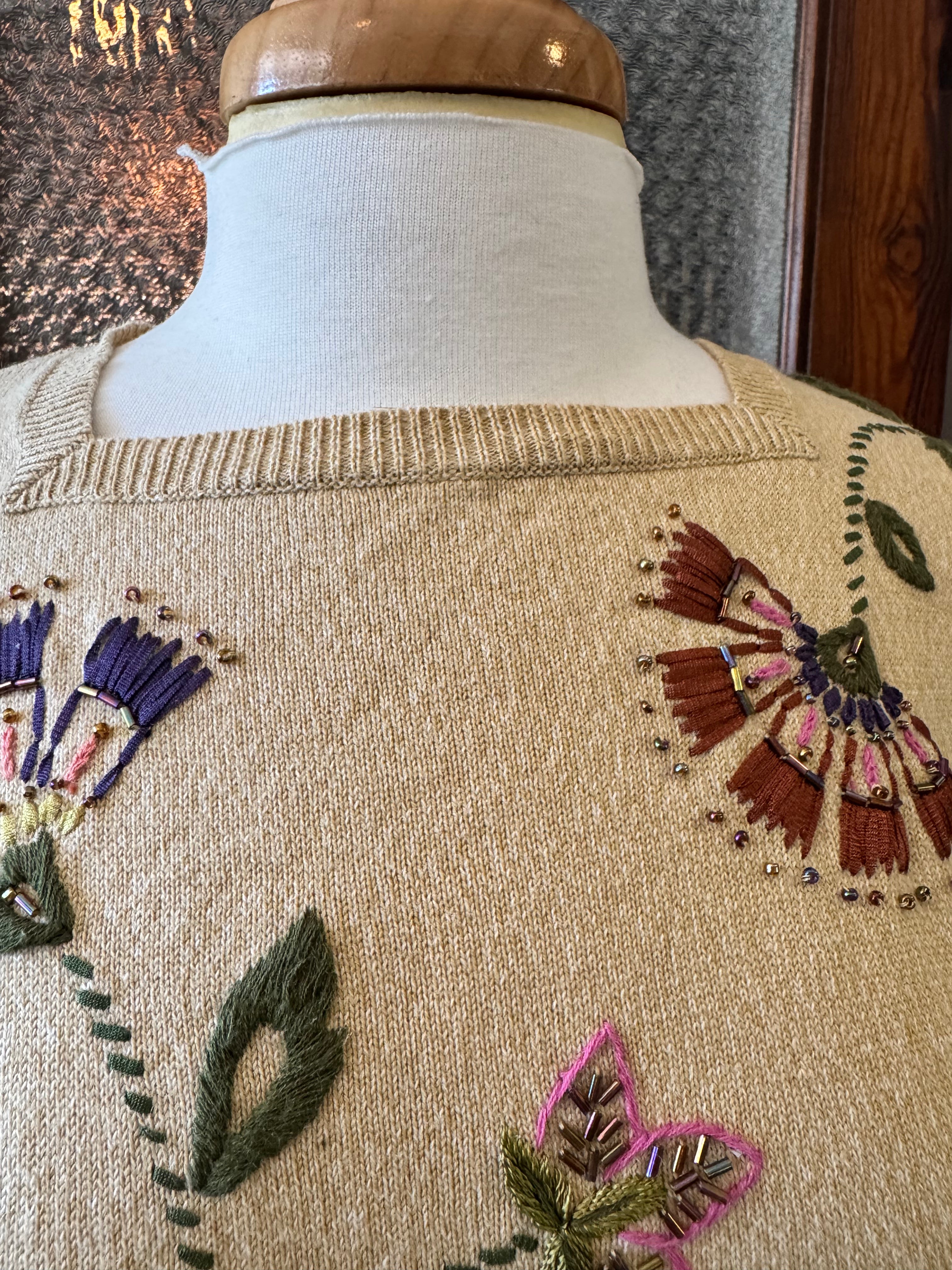 Vintage Alfred Dunner Embroidered Floral Beaded Sweater Top Size M Ramie Cotton