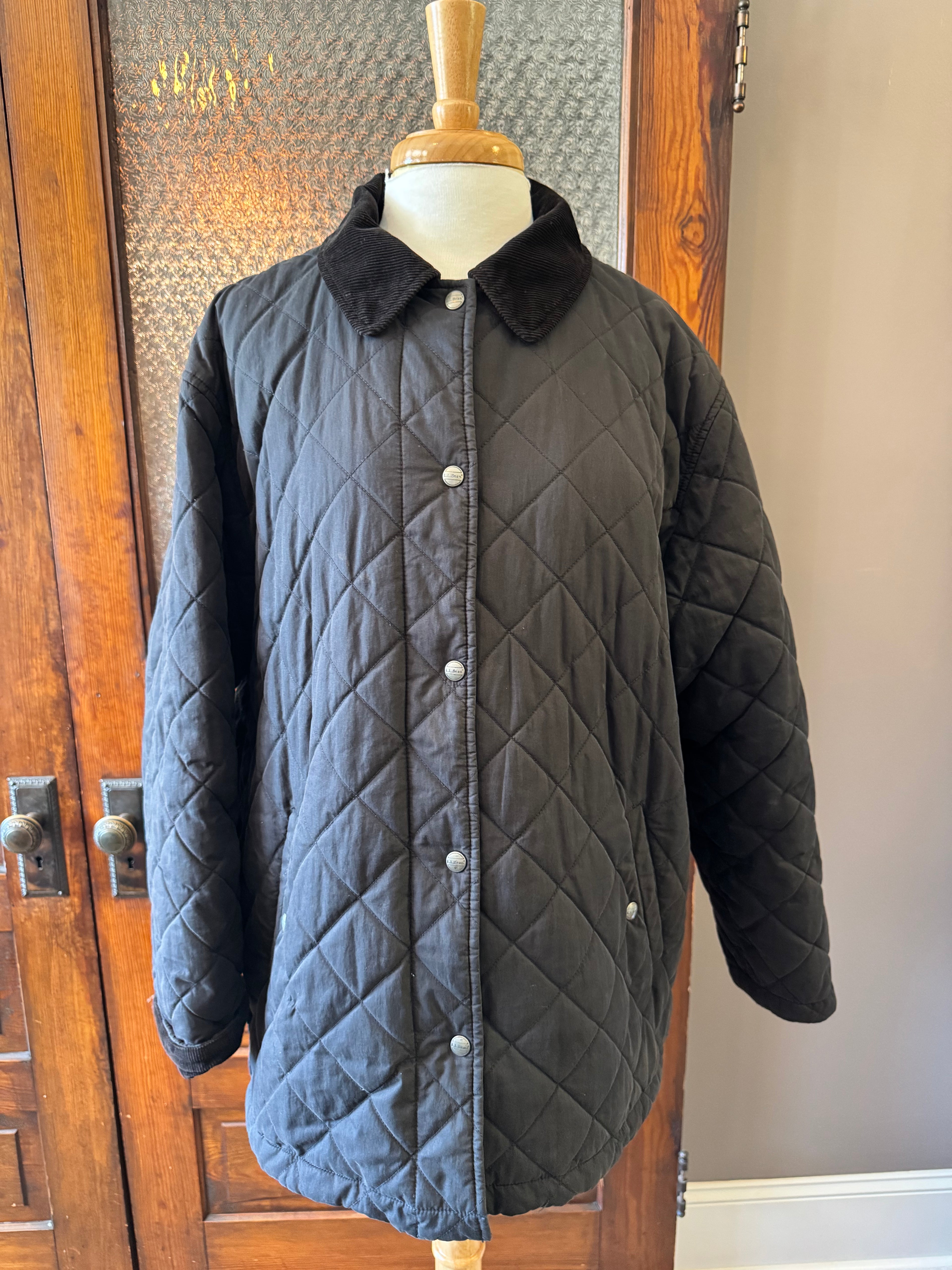 Vintage Y2K L.L. Bean Quilted Barn Coat Black Corduroy Collar Women's XL