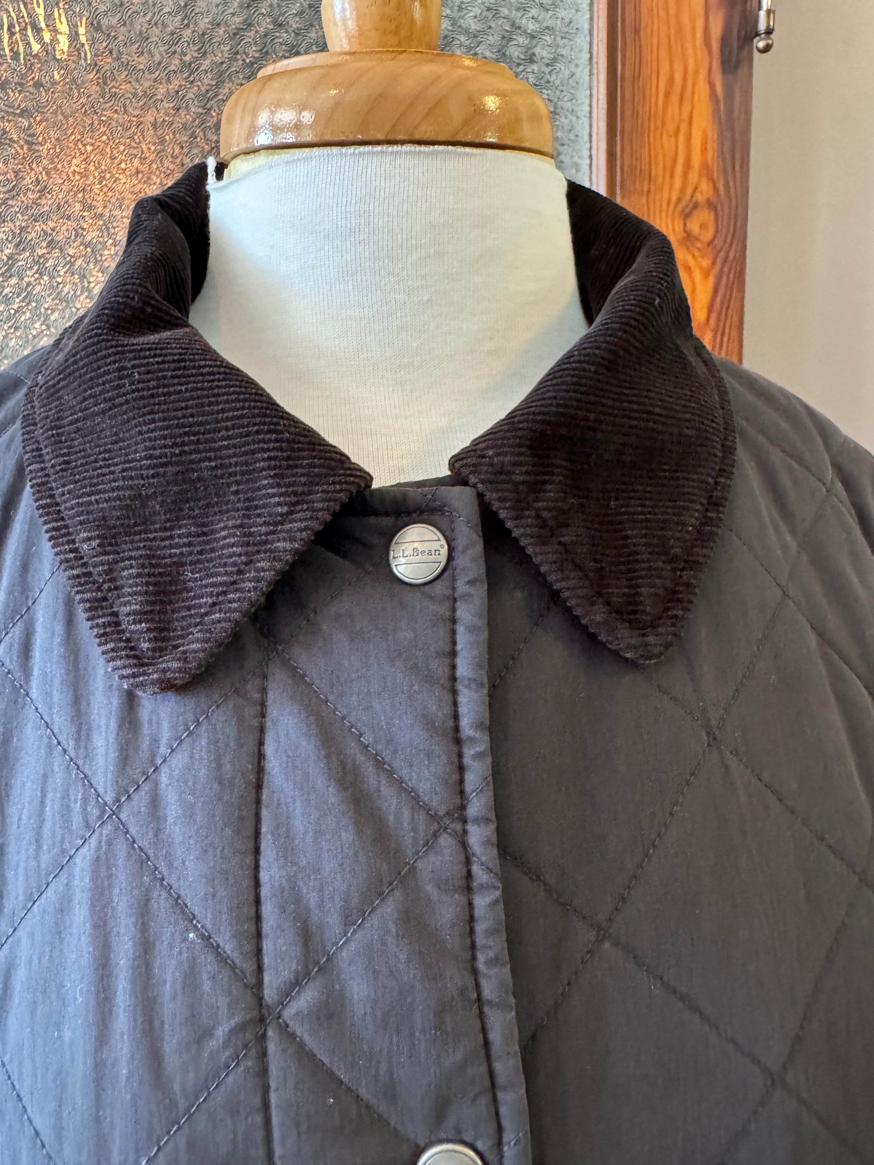 Vintage Y2K L.L. Bean Quilted Barn Coat Black Corduroy Collar Women's XL