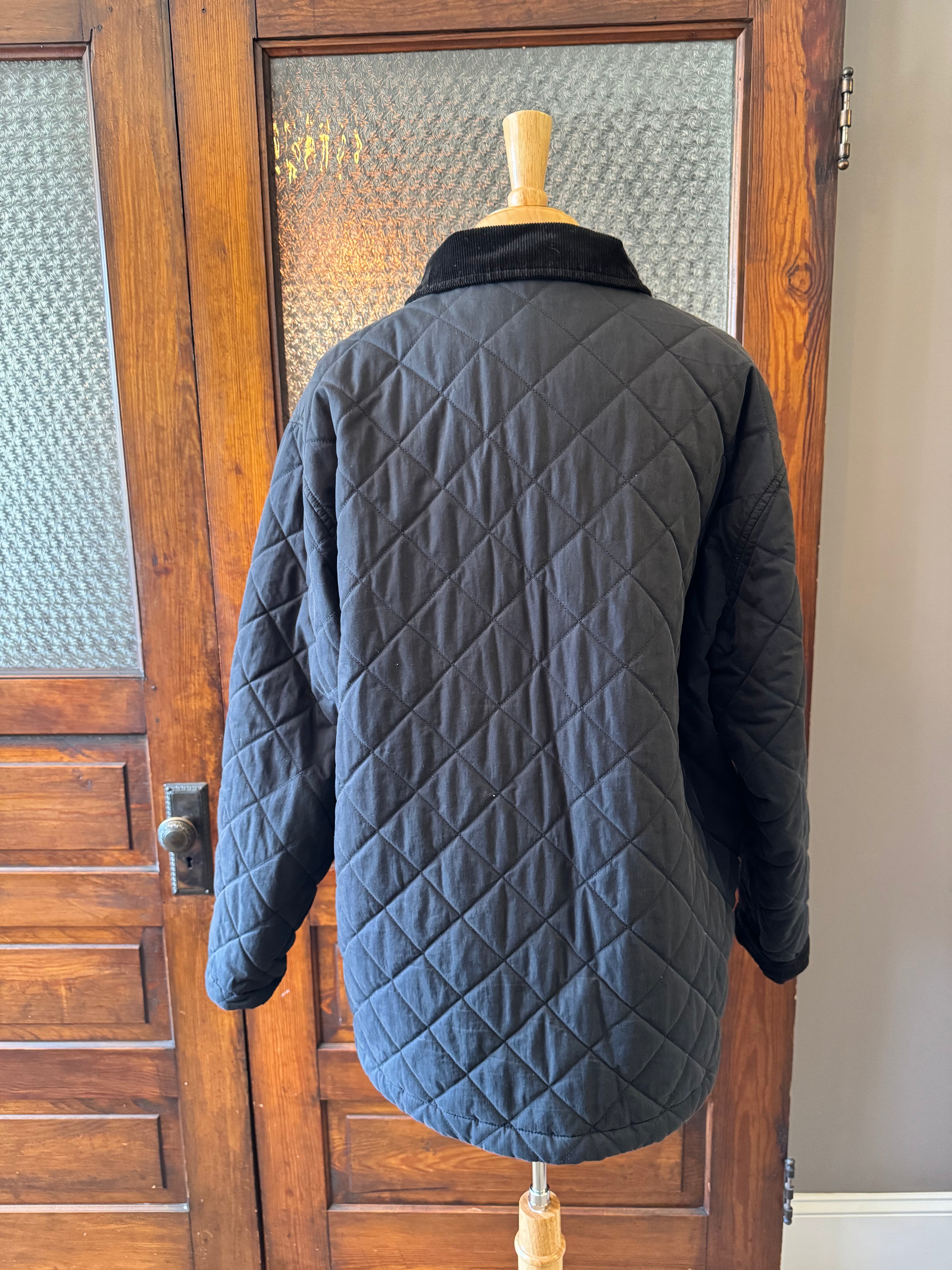 Vintage Y2K L.L. Bean Quilted Barn Coat Black Corduroy Collar Women's XL