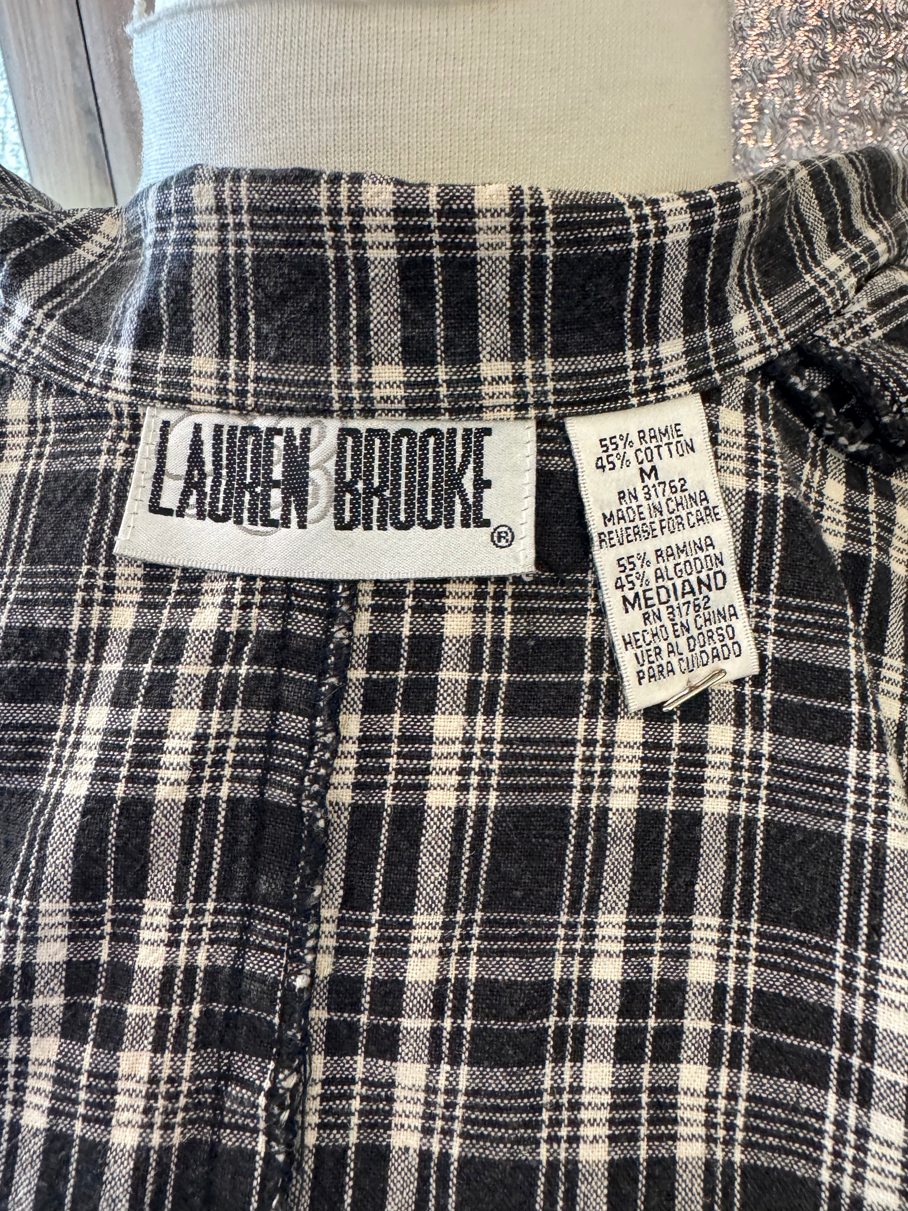 Vintage Lauren Brook Black & White Plaid Ramie Cotton Blazer Jacket Size M