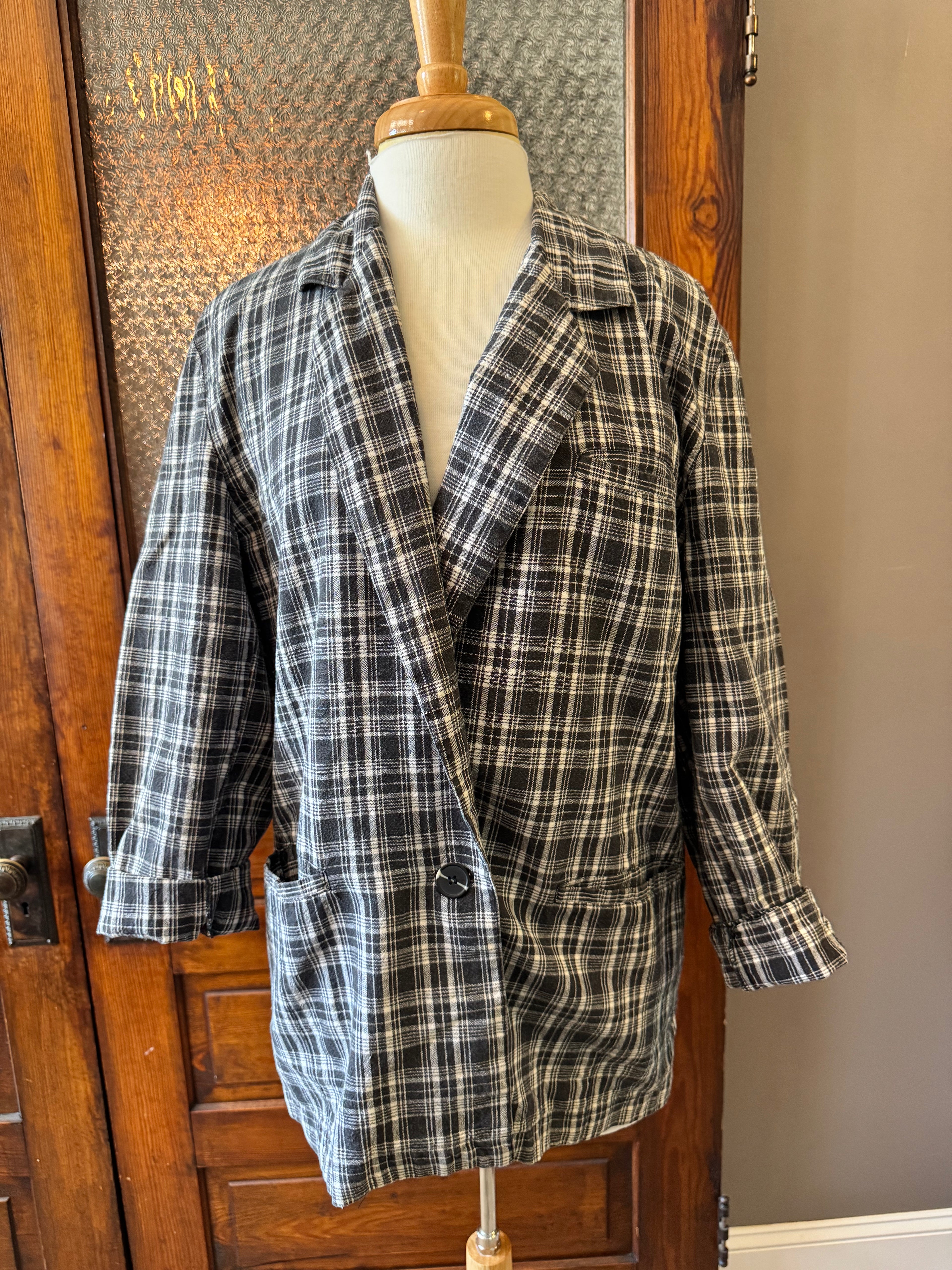 Vintage Lauren Brook Black & White Plaid Ramie Cotton Blazer Jacket Size M