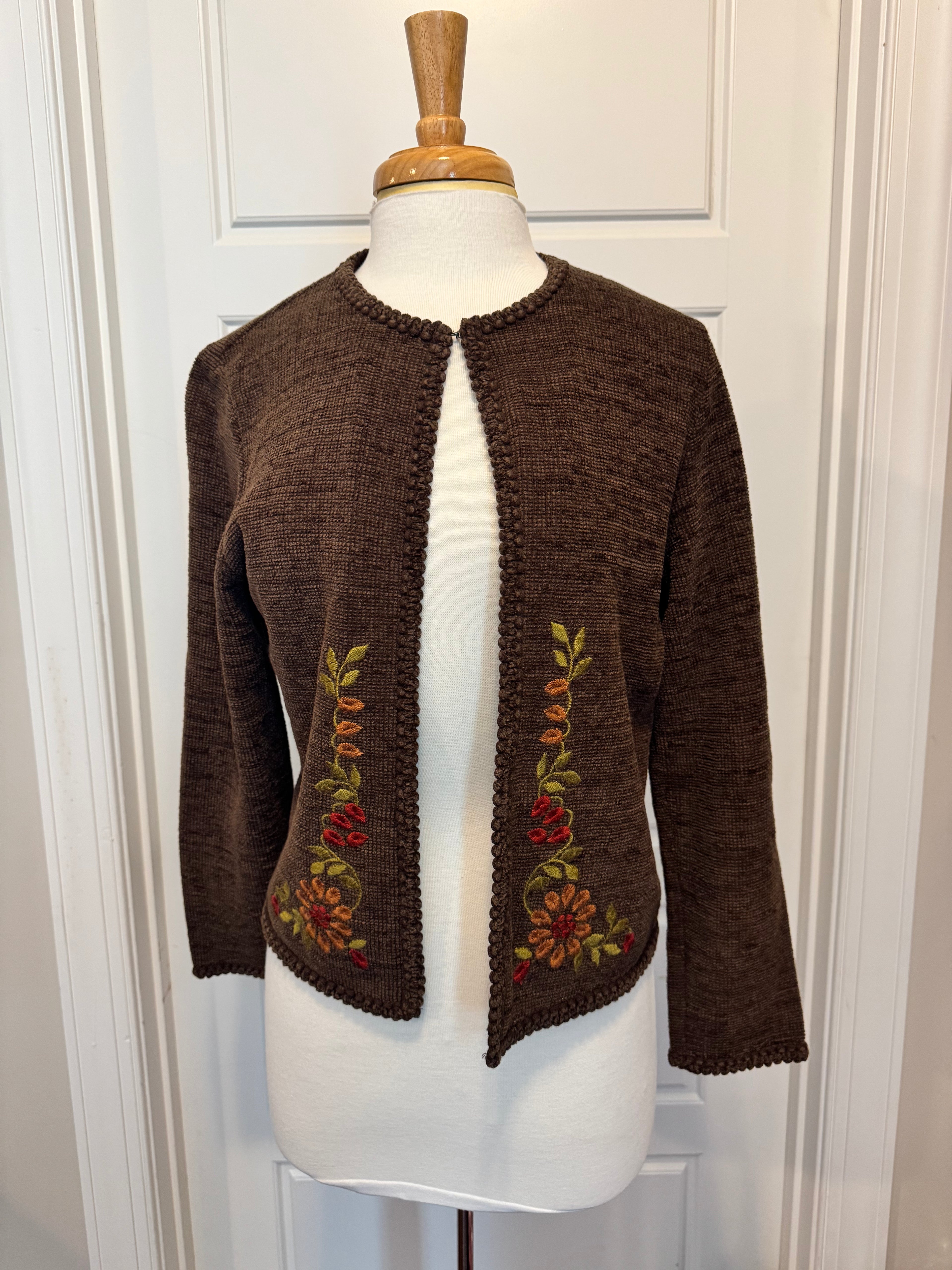 Vintage Koret Brown Embroidered Floral Cardigan Medium