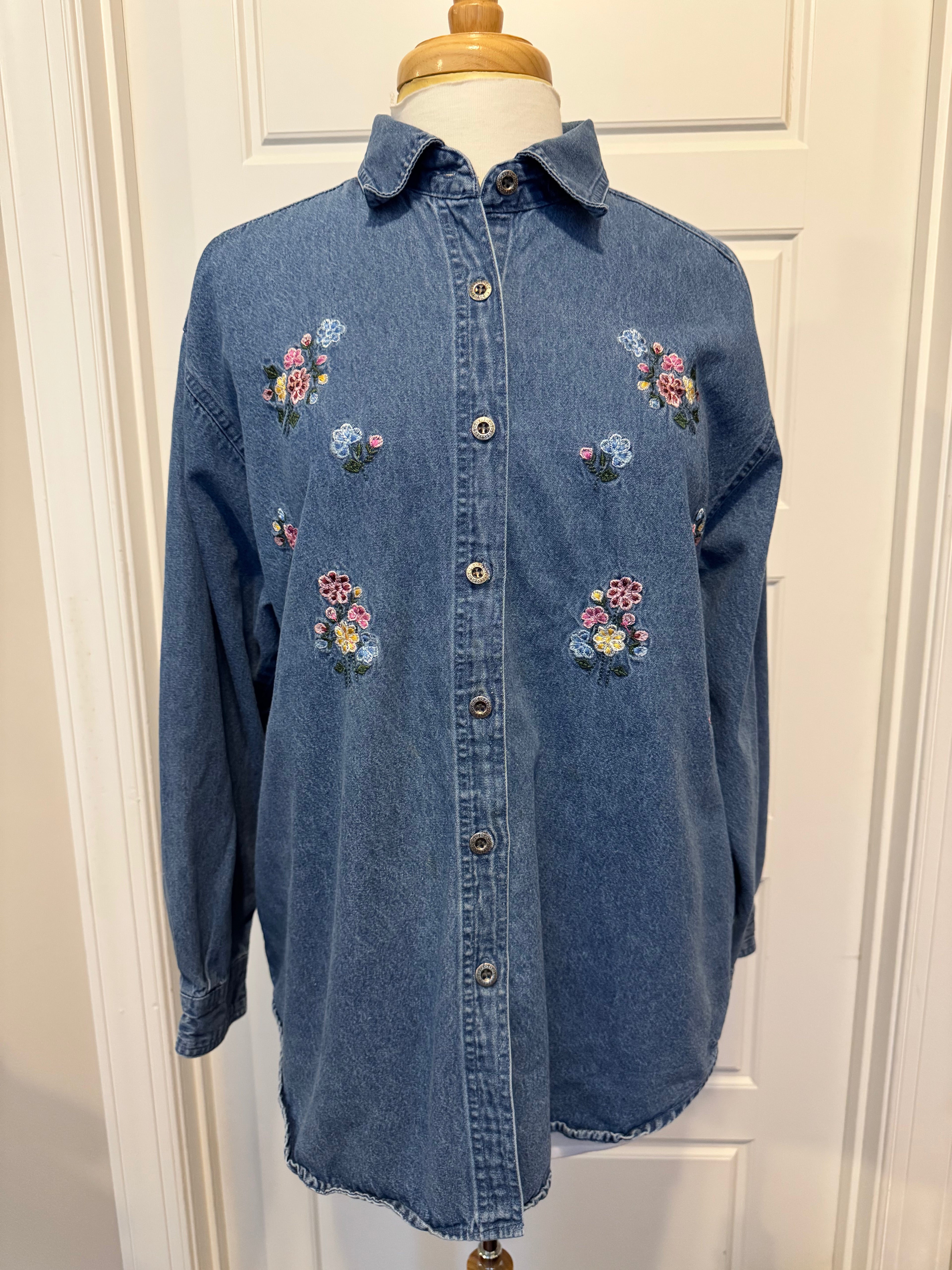 Vintage 90s Premier International Floral Embroidered Denim Shirt XL