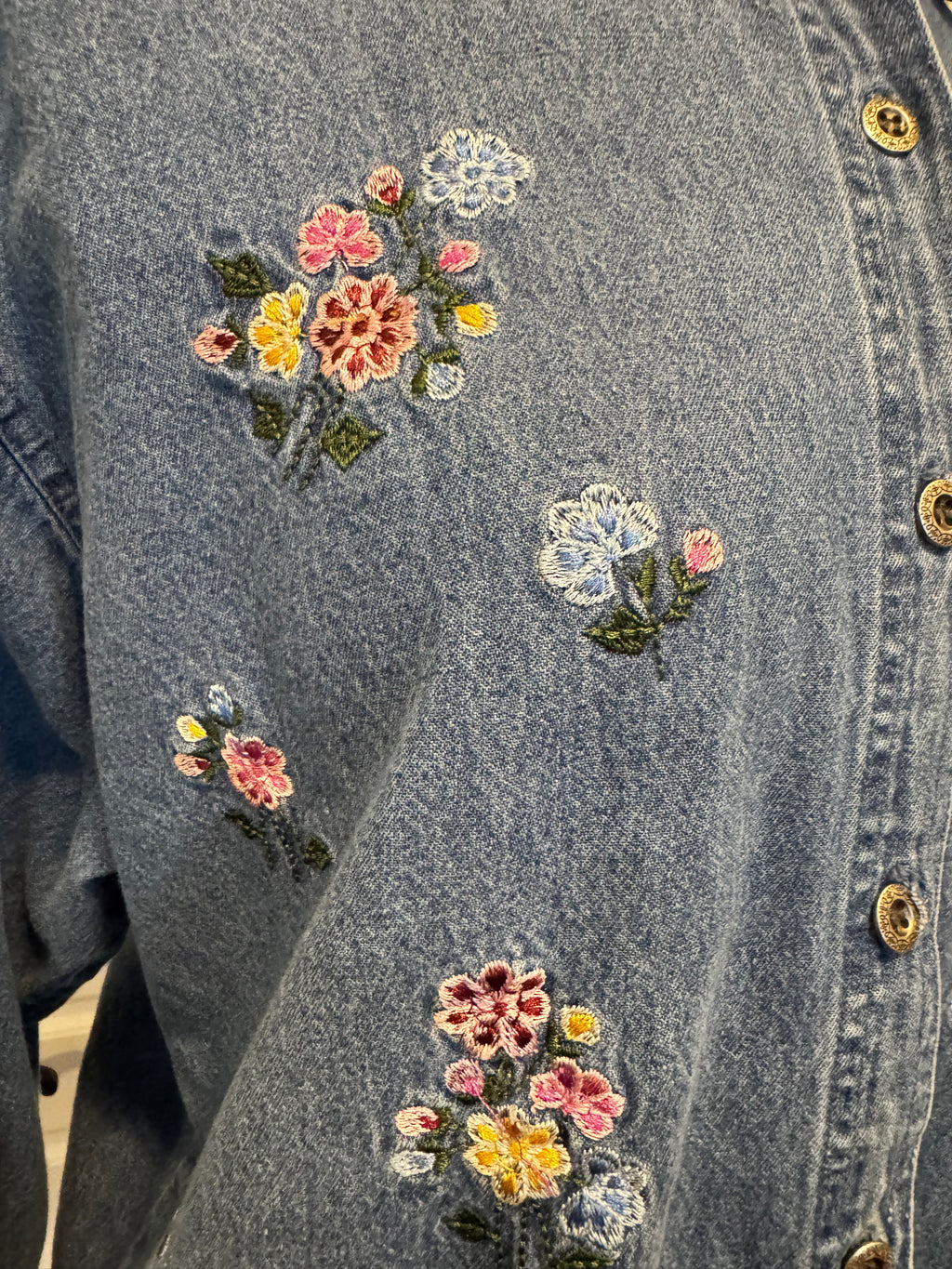 Vintage 90s Premier International Floral Embroidered Denim Shirt XL