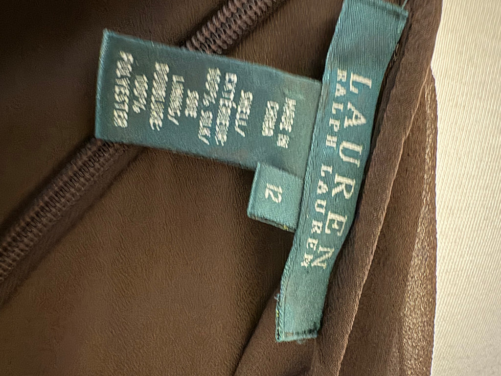 Vintage Lauren Ralph Lauren Brown 100% Silk Flared Maxi Skirt Size 12