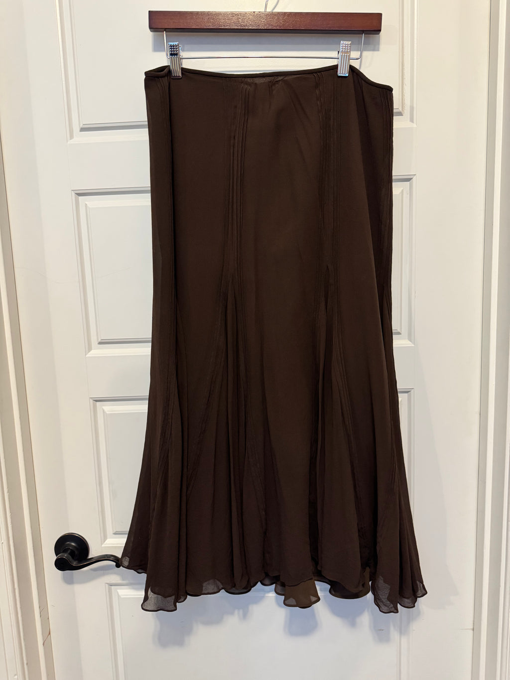 Vintage Lauren Ralph Lauren Brown 100% Silk Flared Maxi Skirt Size 12