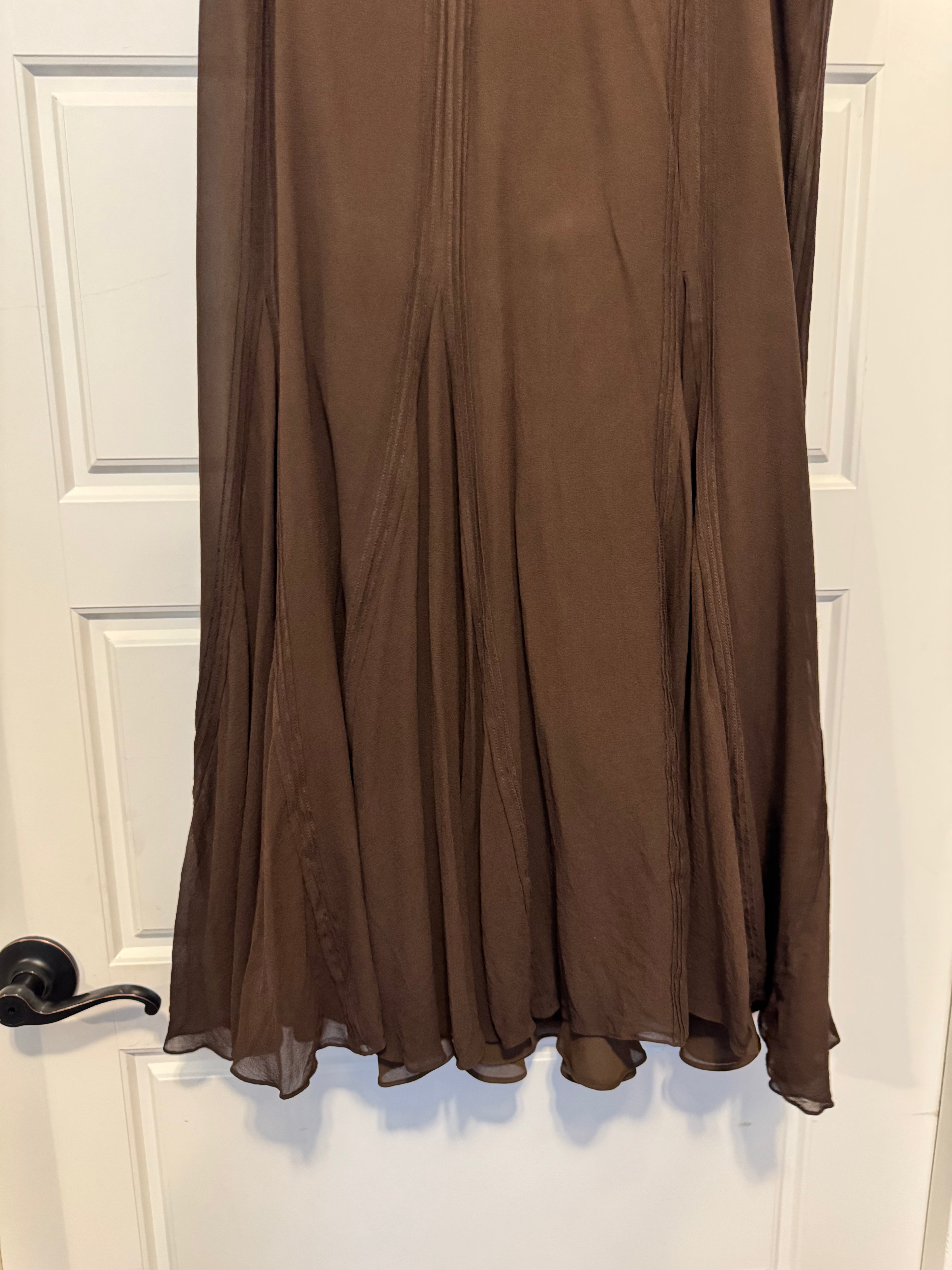 Vintage Lauren Ralph Lauren Brown 100% Silk Flared Maxi Skirt Size 12