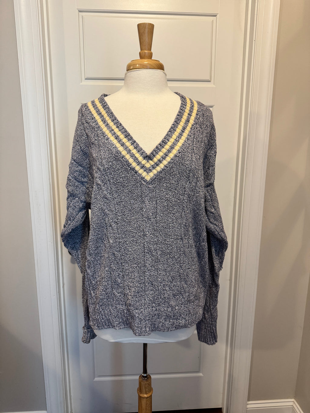 Vintage IZOD Navy Marled Cotton Varsity V-Neck Sweater Large Made in USA