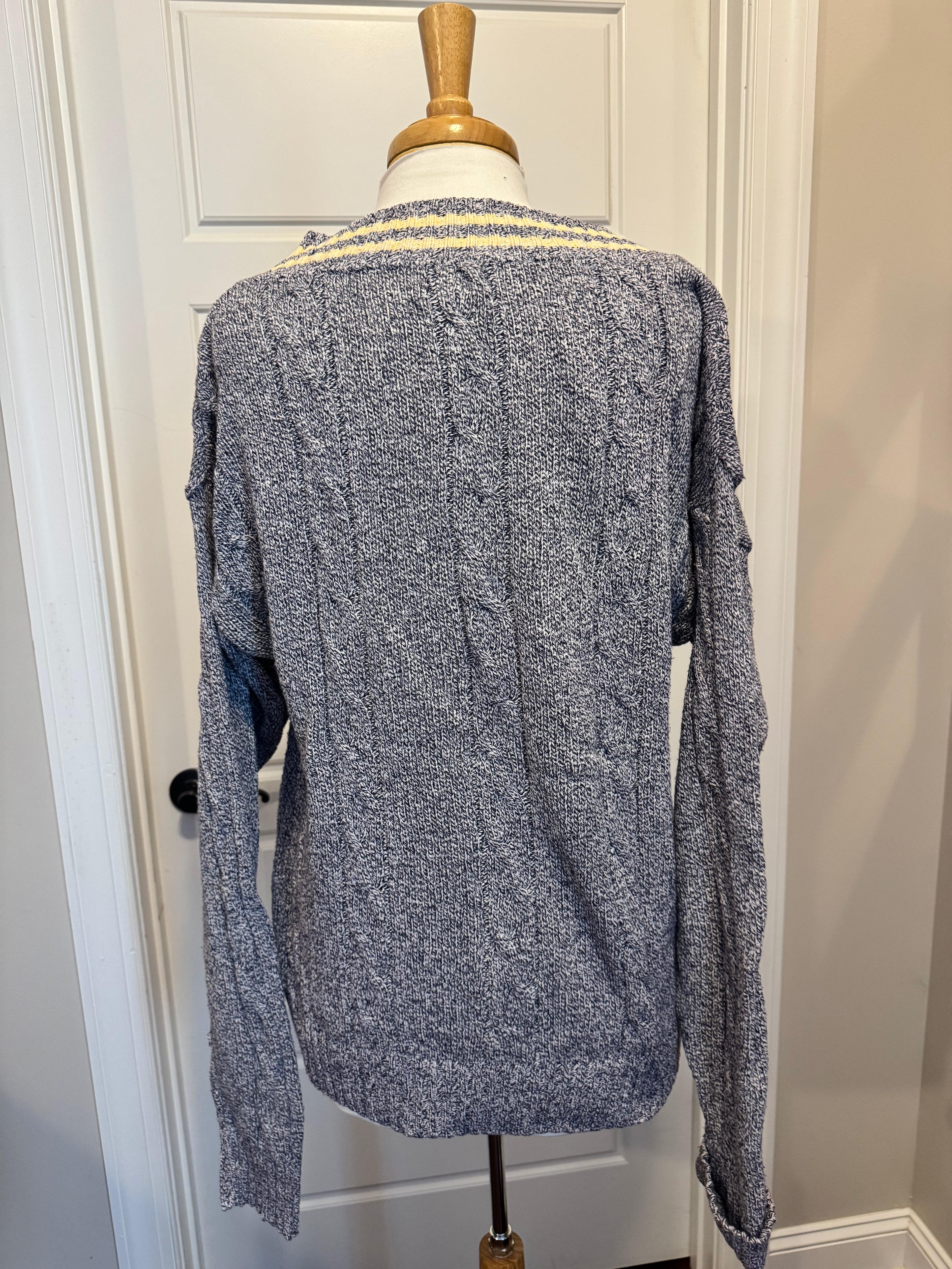 Vintage IZOD Navy Marled Cotton Varsity V-Neck Sweater Large Made in USA