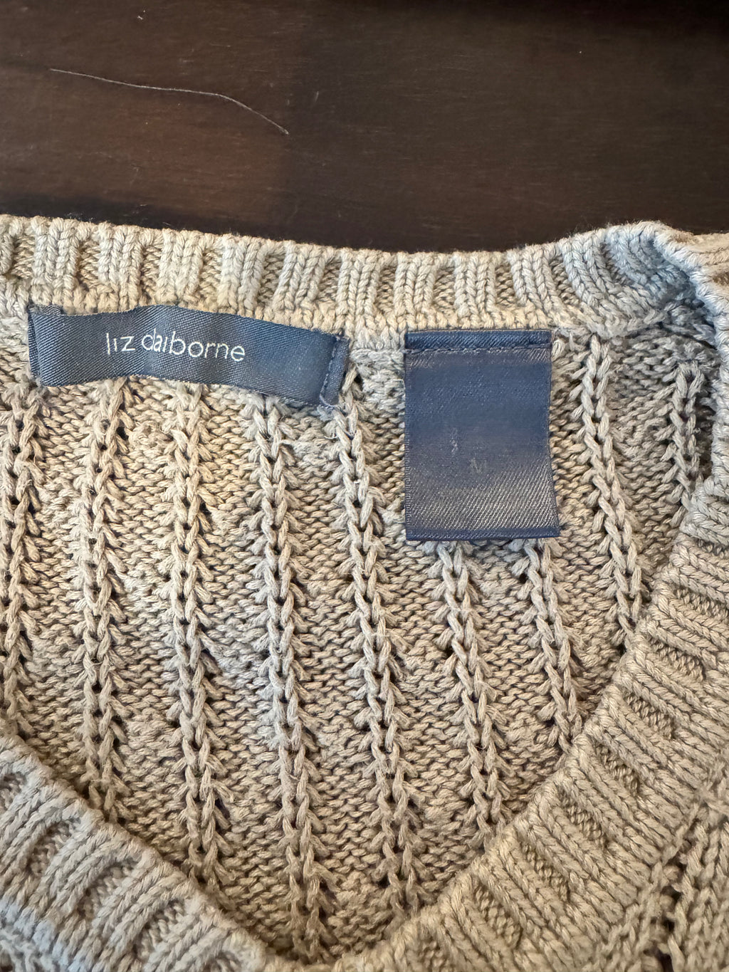 Vintage 90s Liz Claiborne Beige Textured Cable Knit V-Neck Sweater