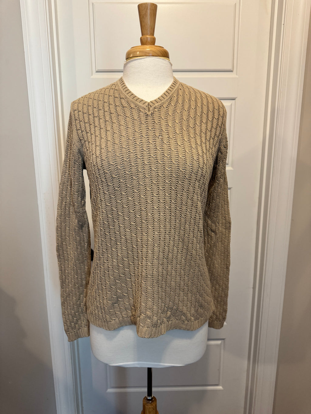 Vintage 90s Liz Claiborne Beige Textured Cable Knit V-Neck Sweater