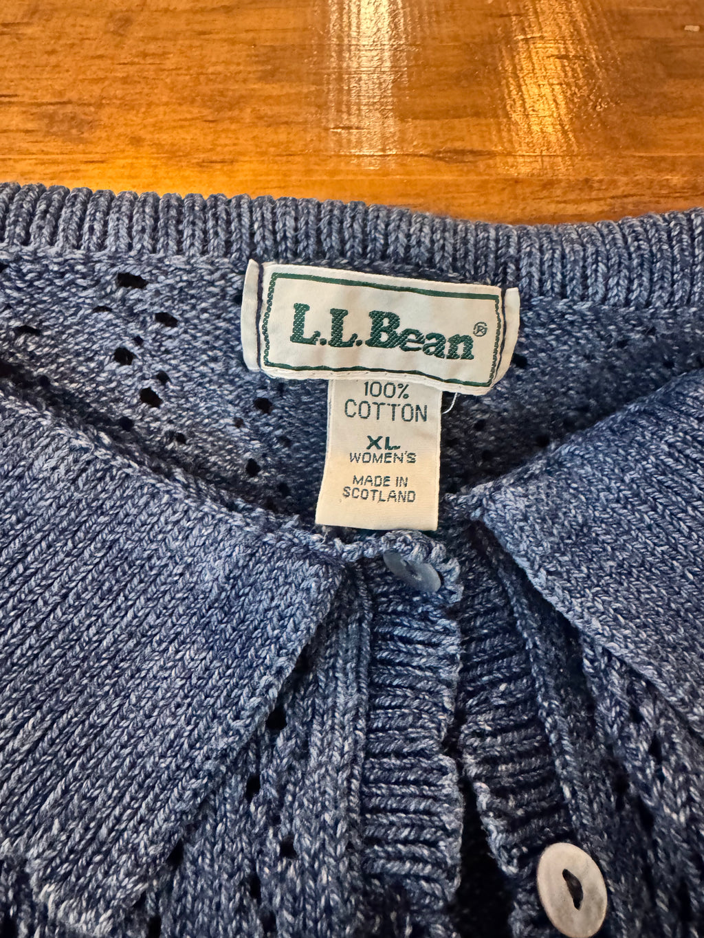Vintage 90s L.L. Bean Blue Openwork Cotton Cardigan Sweater XL Made in Scotland
