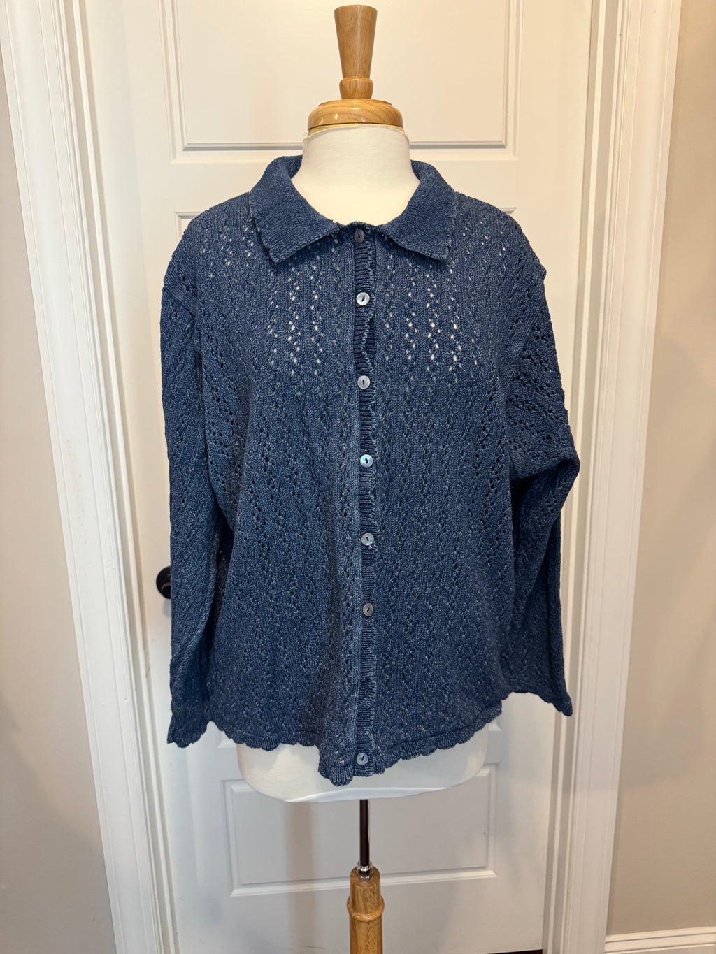 Vintage 90s L.L. Bean Blue Openwork Cotton Cardigan Sweater XL Made in Scotland