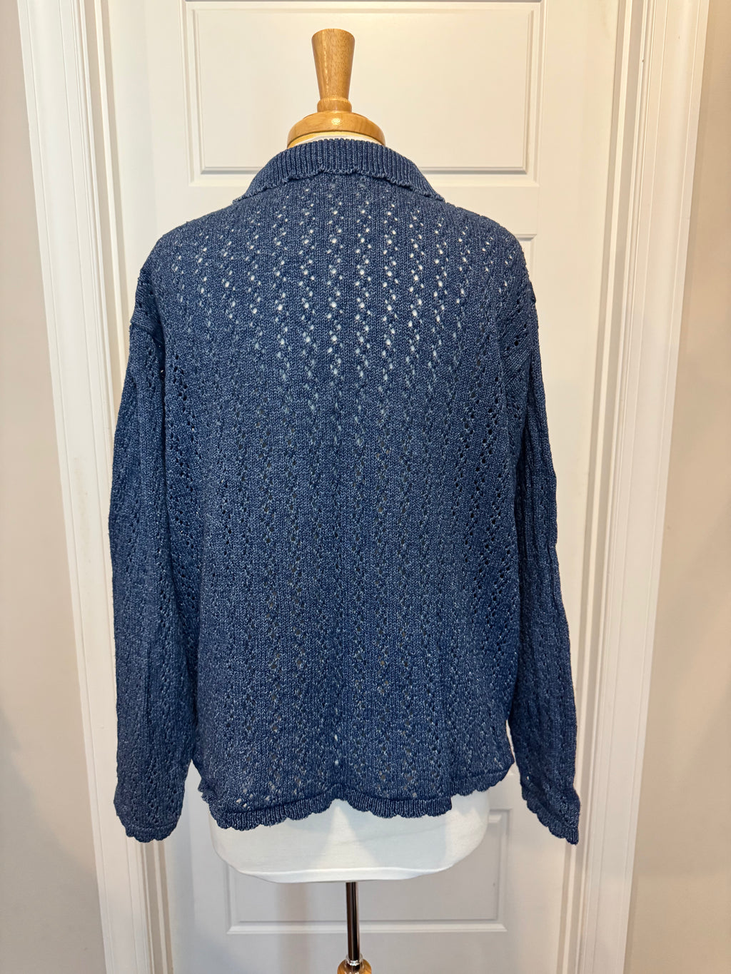 Vintage 90s L.L. Bean Blue Openwork Cotton Cardigan Sweater XL Made in Scotland