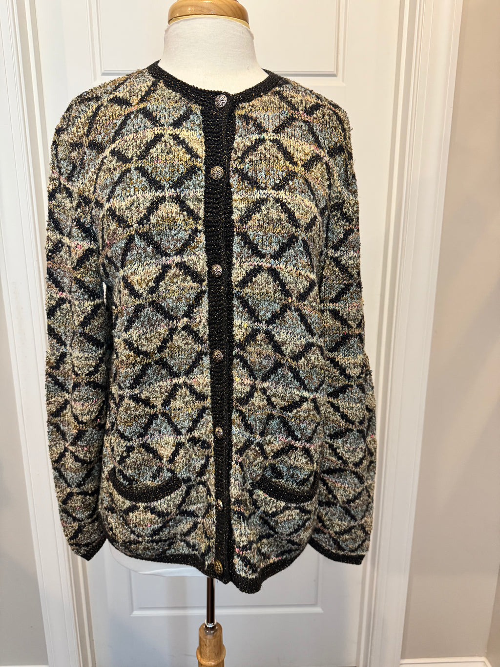 Vintage 90s South Cotton Hand Knit Cardigan M L Geometric Art to Wear Heavy