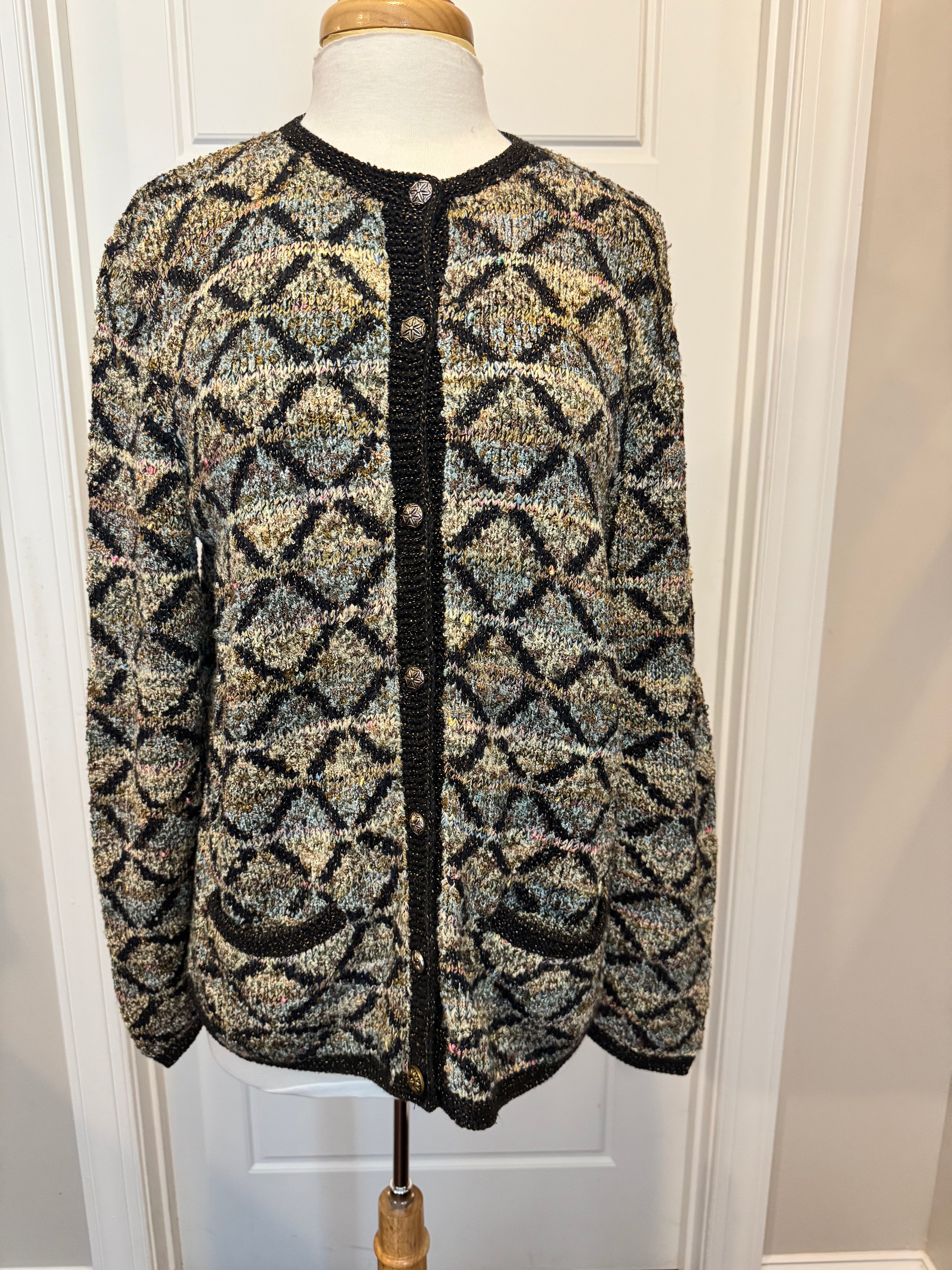 Vintage 90s South Cotton Hand Knit Cardigan M L Geometric Art to Wear Heavy