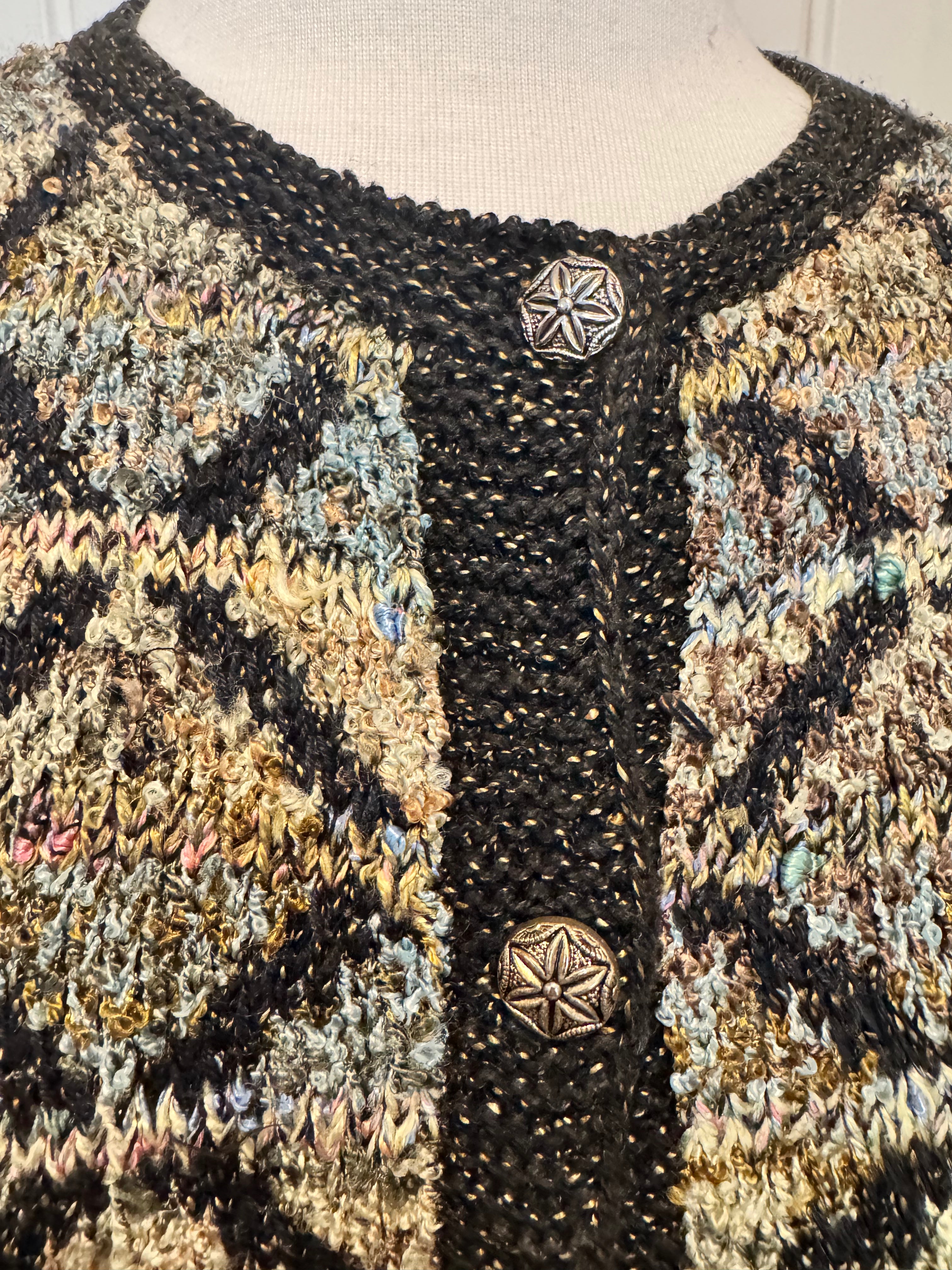 Vintage 90s South Cotton Hand Knit Cardigan M L Geometric Art to Wear Heavy