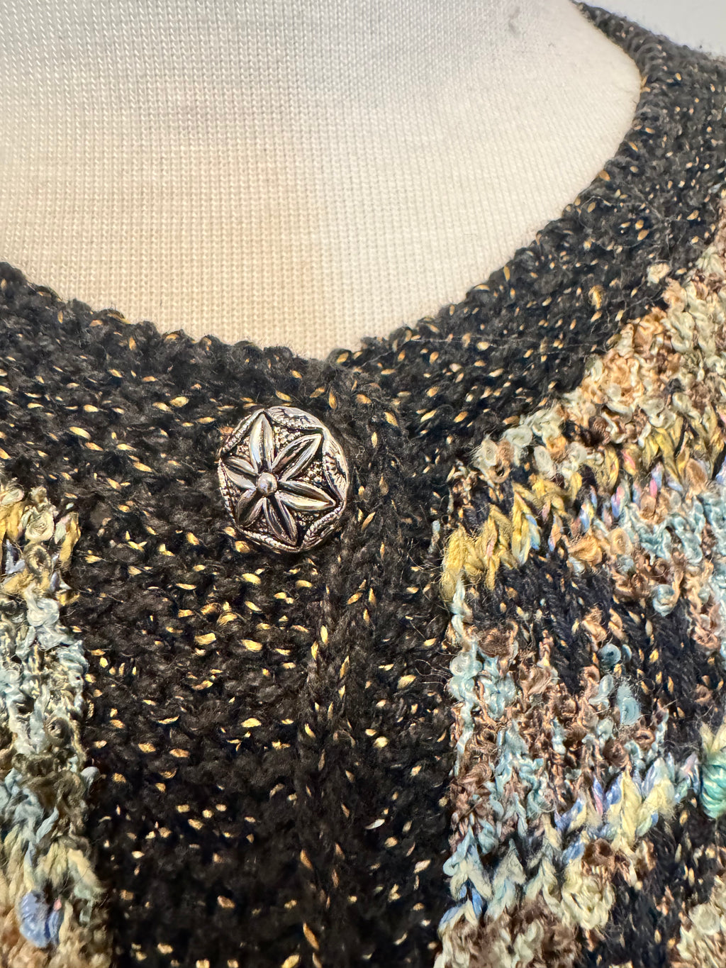 Vintage 90s South Cotton Hand Knit Cardigan M L Geometric Art to Wear Heavy