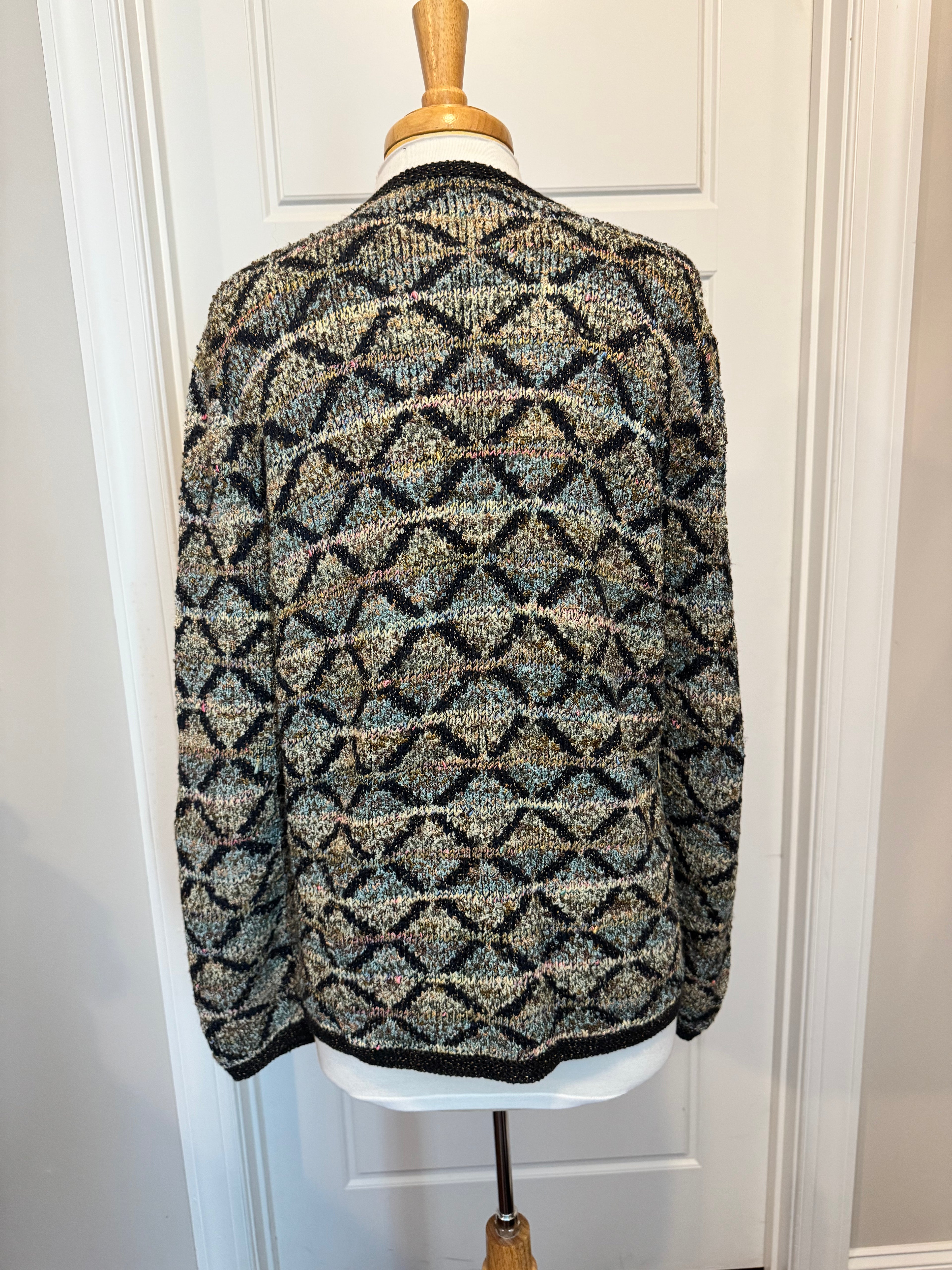 Vintage 90s South Cotton Hand Knit Cardigan M L Geometric Art to Wear Heavy