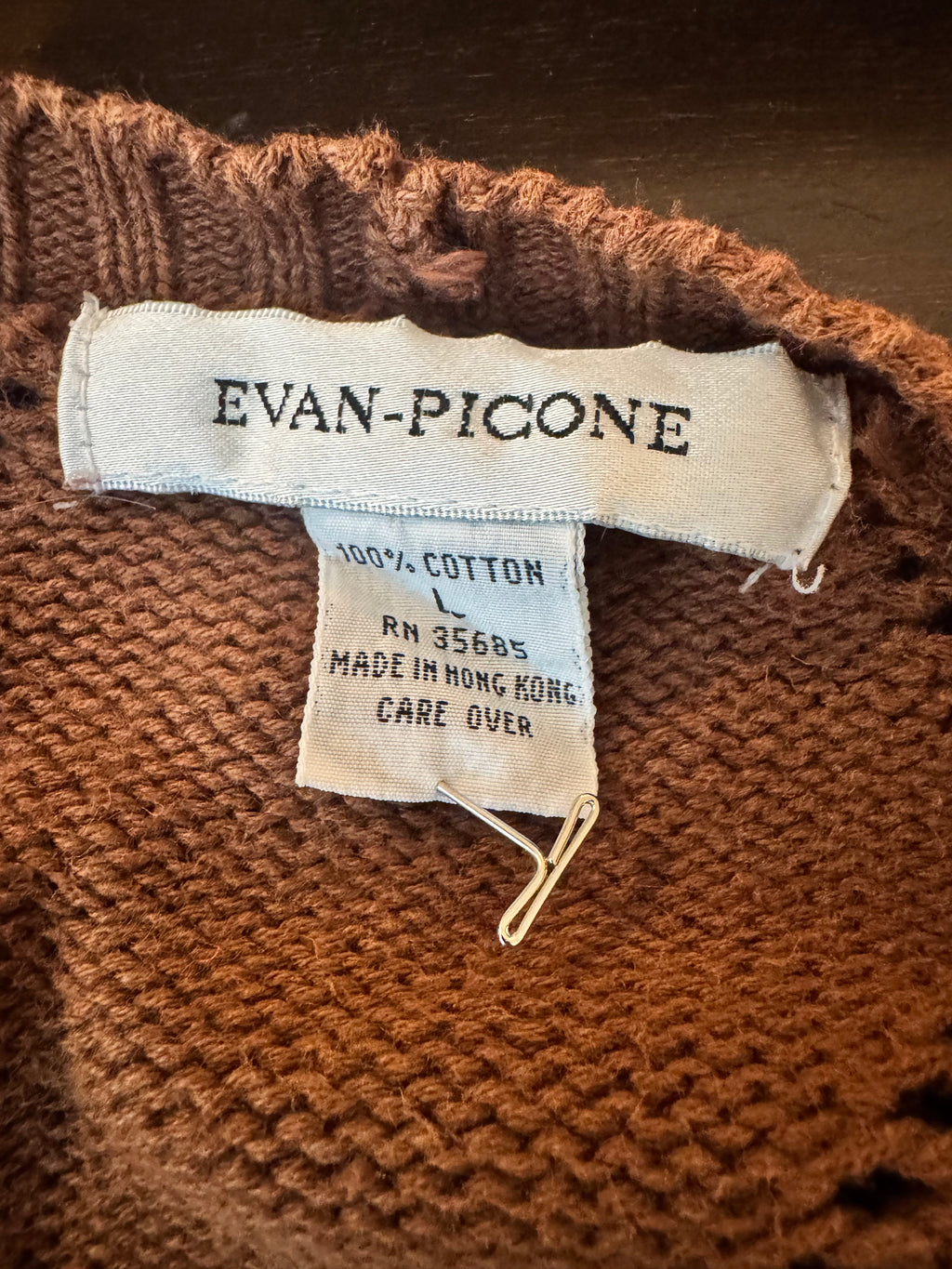 Vintage 80s Evan Picone Cardigan Womens L Brown 100% Cotton Open Knit Hong Kong