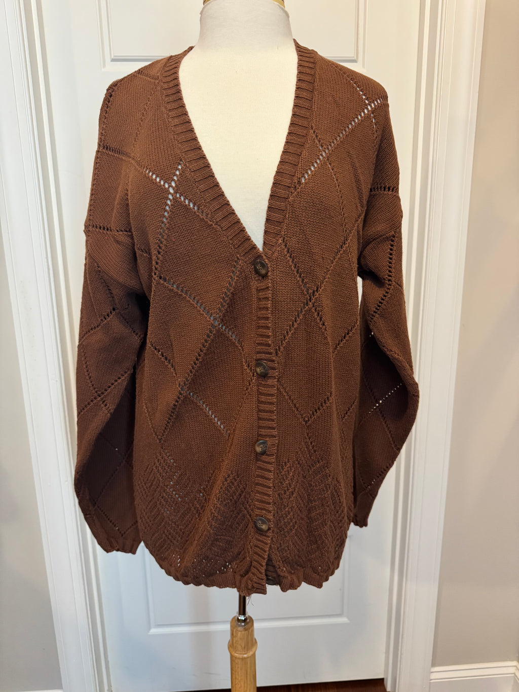 Vintage 80s Evan Picone Cardigan Womens L Brown 100% Cotton Open Knit Hong Kong