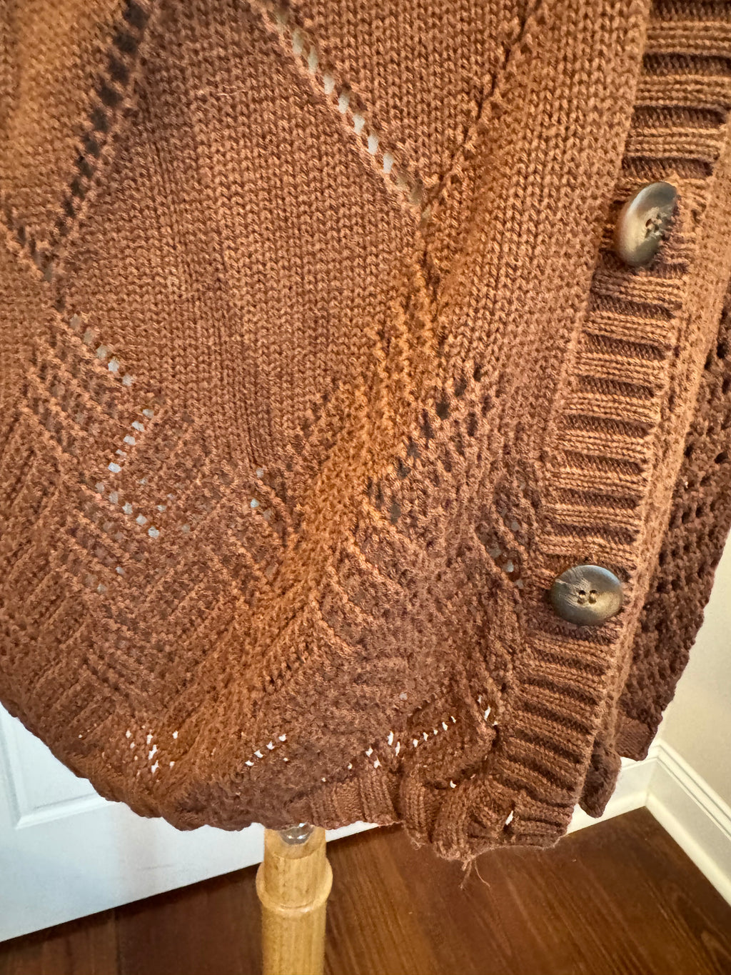 Vintage 80s Evan Picone Cardigan Womens L Brown 100% Cotton Open Knit Hong Kong