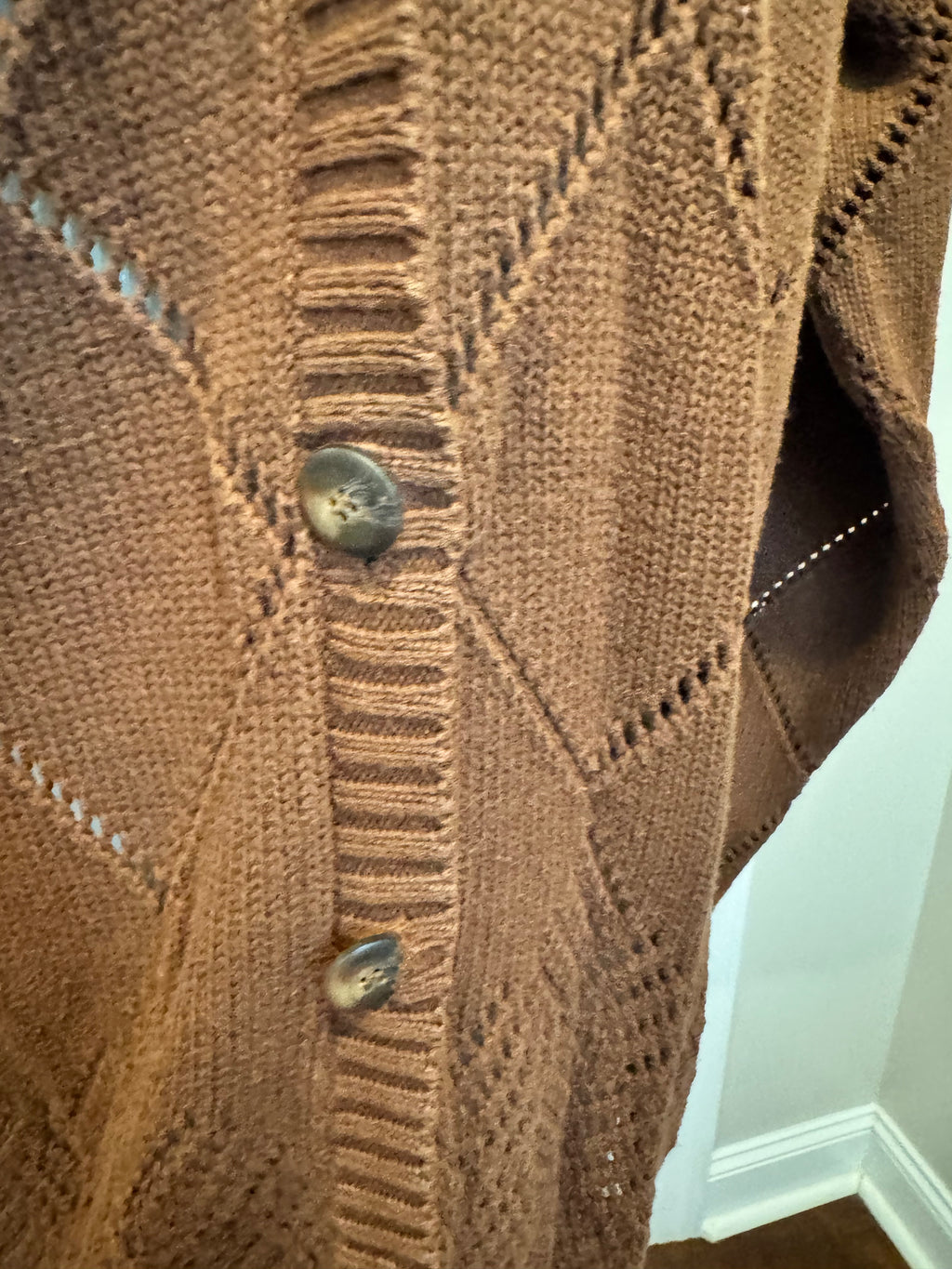 Vintage 80s Evan Picone Cardigan Womens L Brown 100% Cotton Open Knit Hong Kong