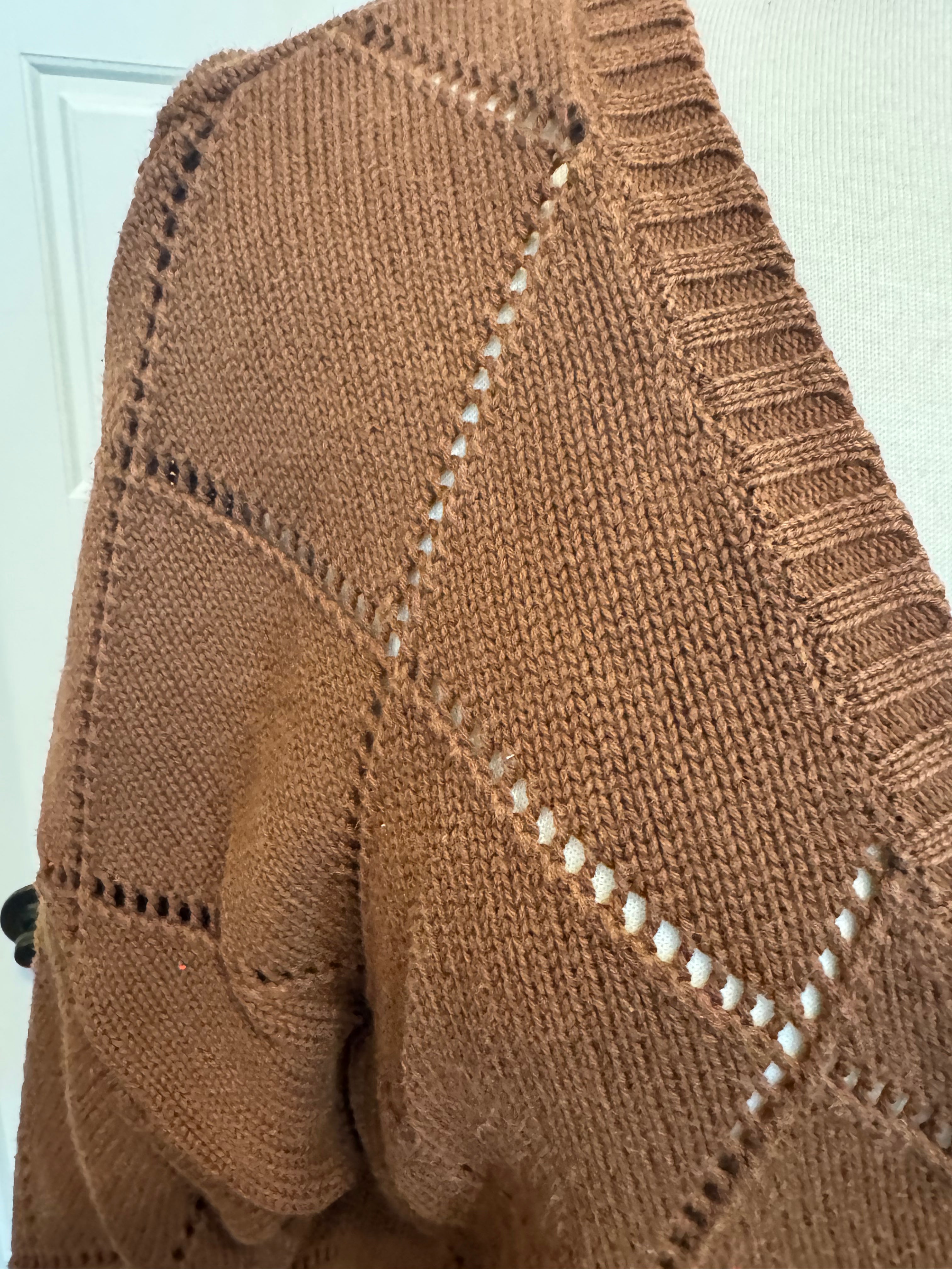 Vintage 80s Evan Picone Cardigan Womens L Brown 100% Cotton Open Knit Hong Kong