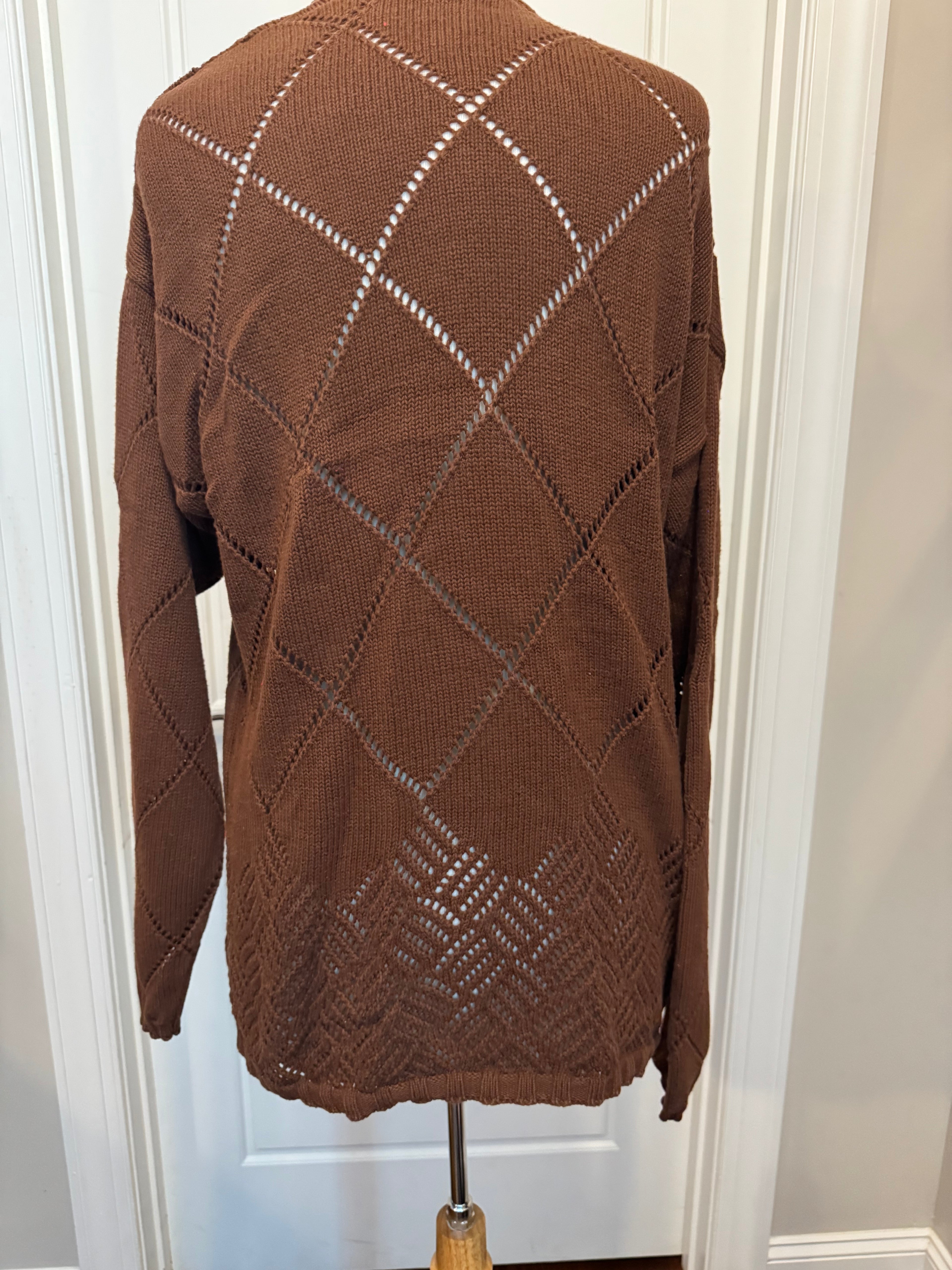 Vintage 80s Evan Picone Cardigan Womens L Brown 100% Cotton Open Knit Hong Kong