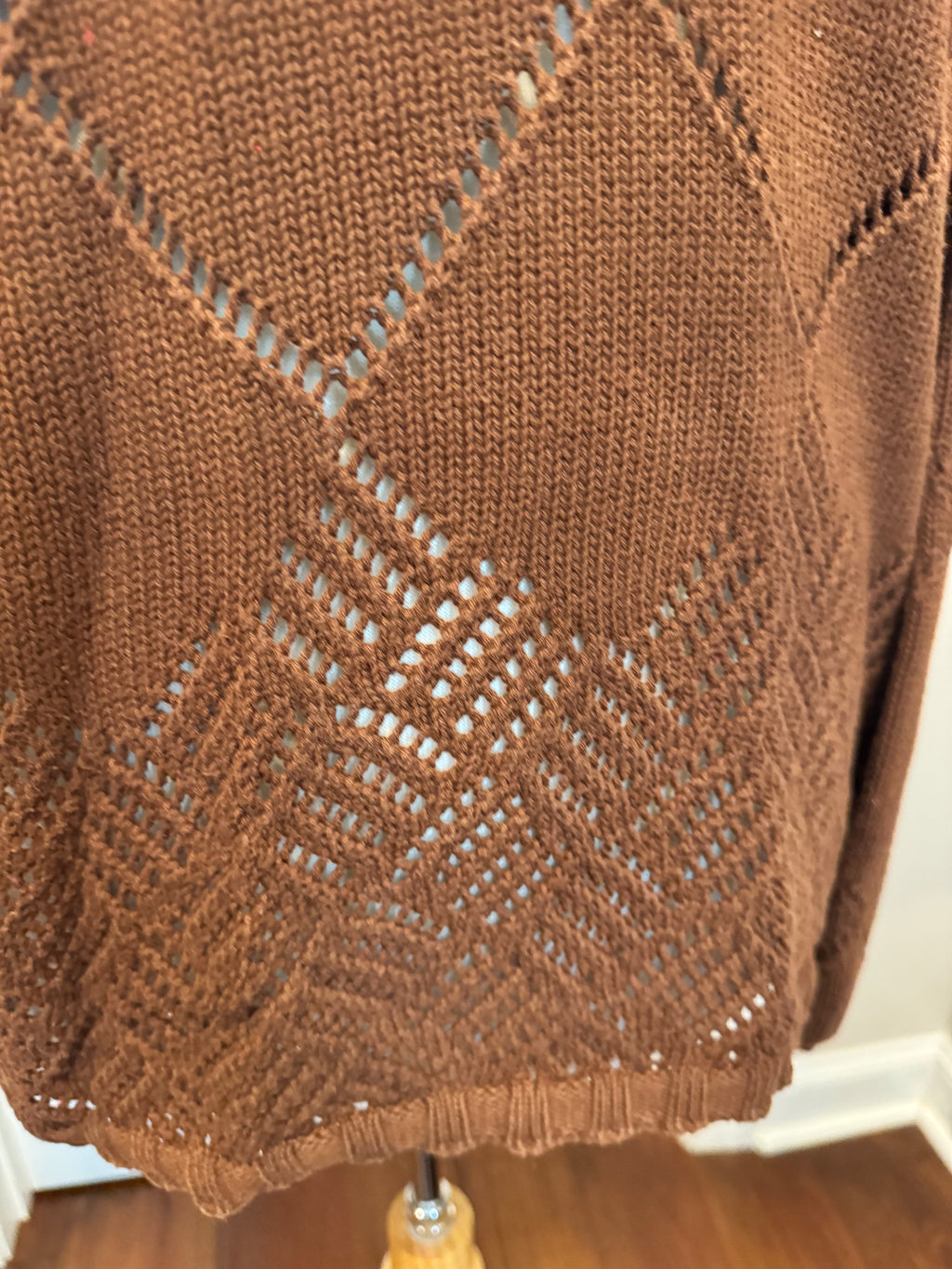 Vintage 80s Evan Picone Cardigan Womens L Brown 100% Cotton Open Knit Hong Kong