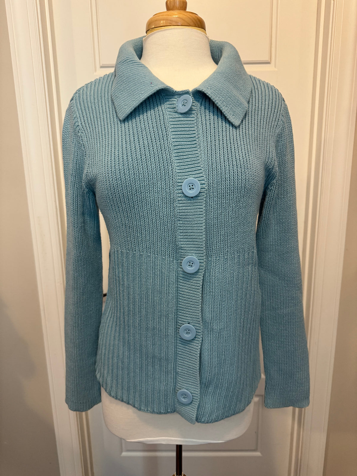 Vintage Y2K Ann Taylor Cardigan Womens L Blue 100% Cotton Ribbed Sweater