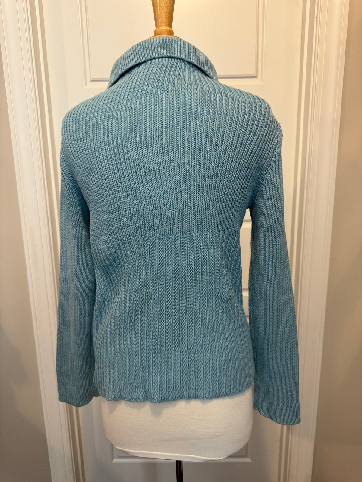 Vintage Y2K Ann Taylor Cardigan Womens L Blue 100% Cotton Ribbed Sweater