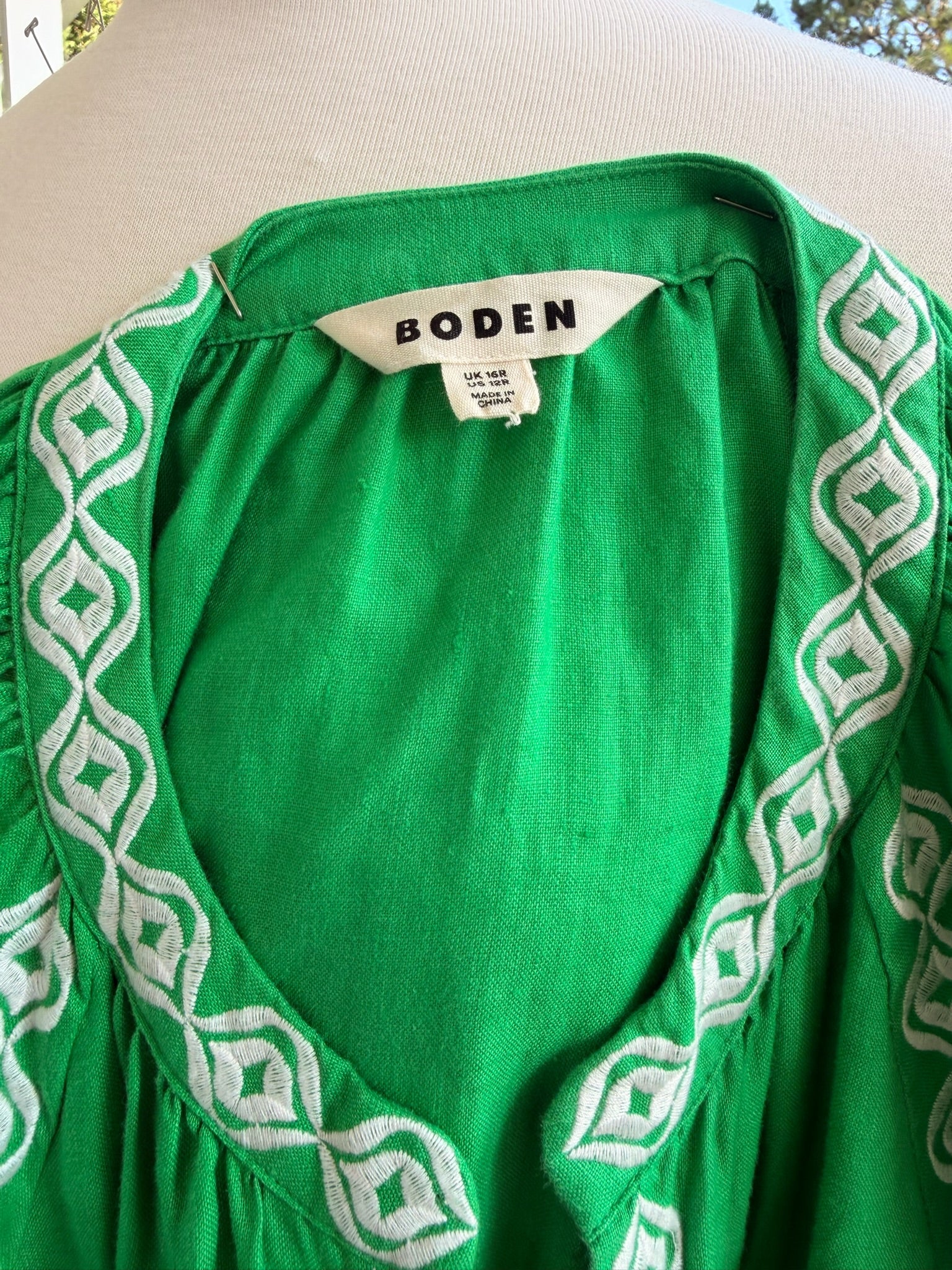 Boden Linen Embroidered Green MaxiDress